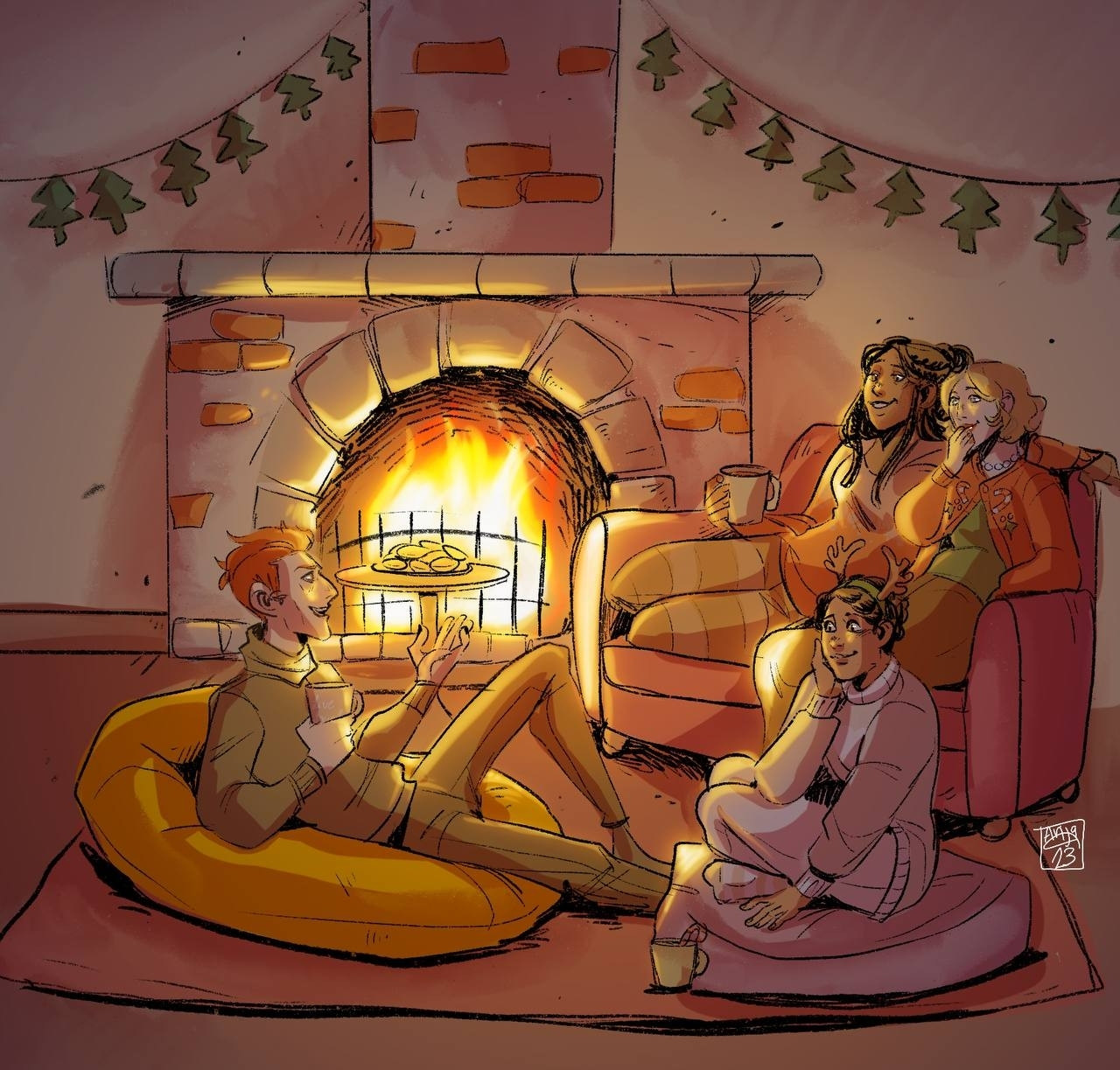 Good omens fanart. Crowley in front of a fire place with Nina, Maggie and Muriel