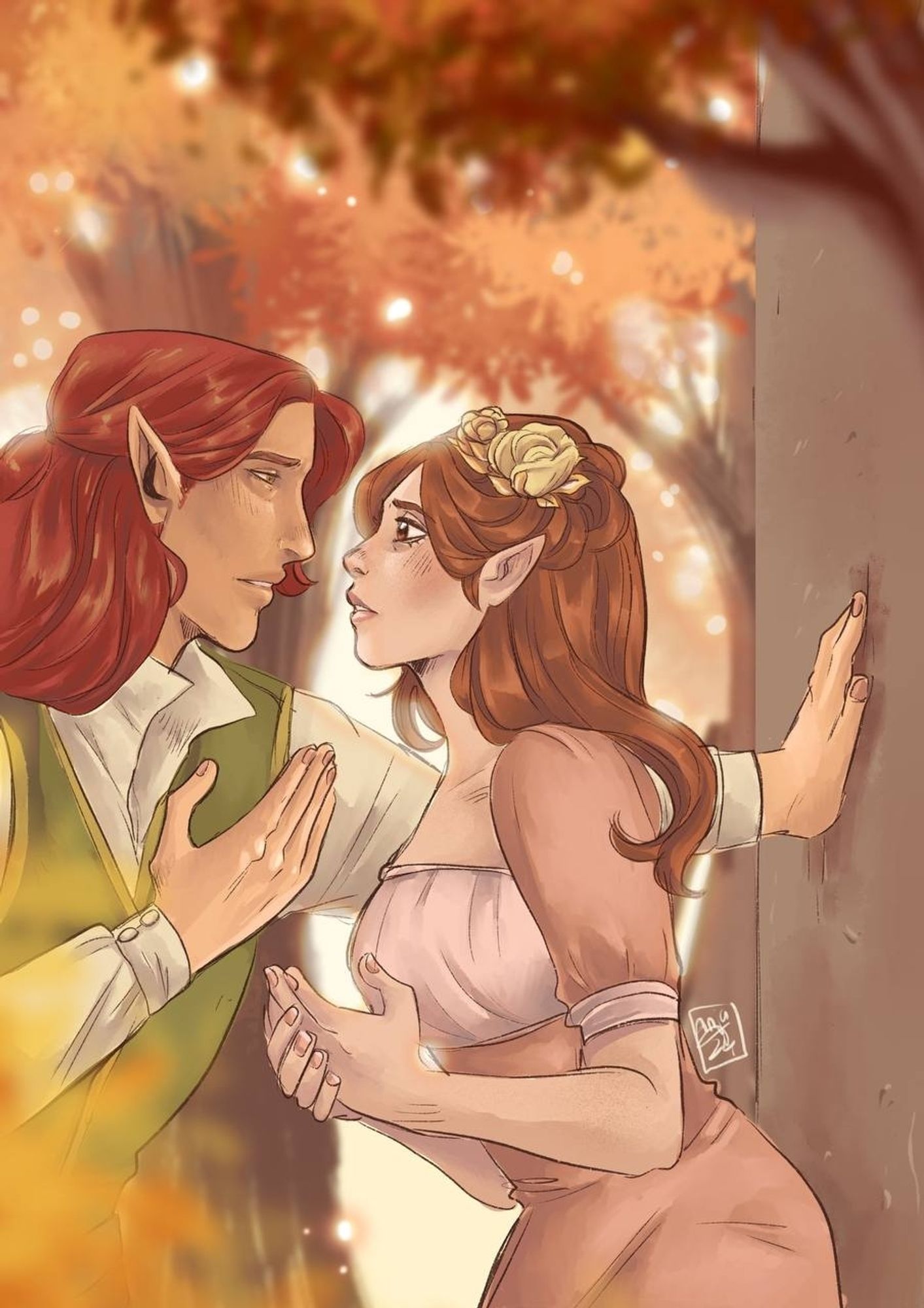 Fanart of lucien and Elain from a court of thorns and roses surrounded by autumn leaves