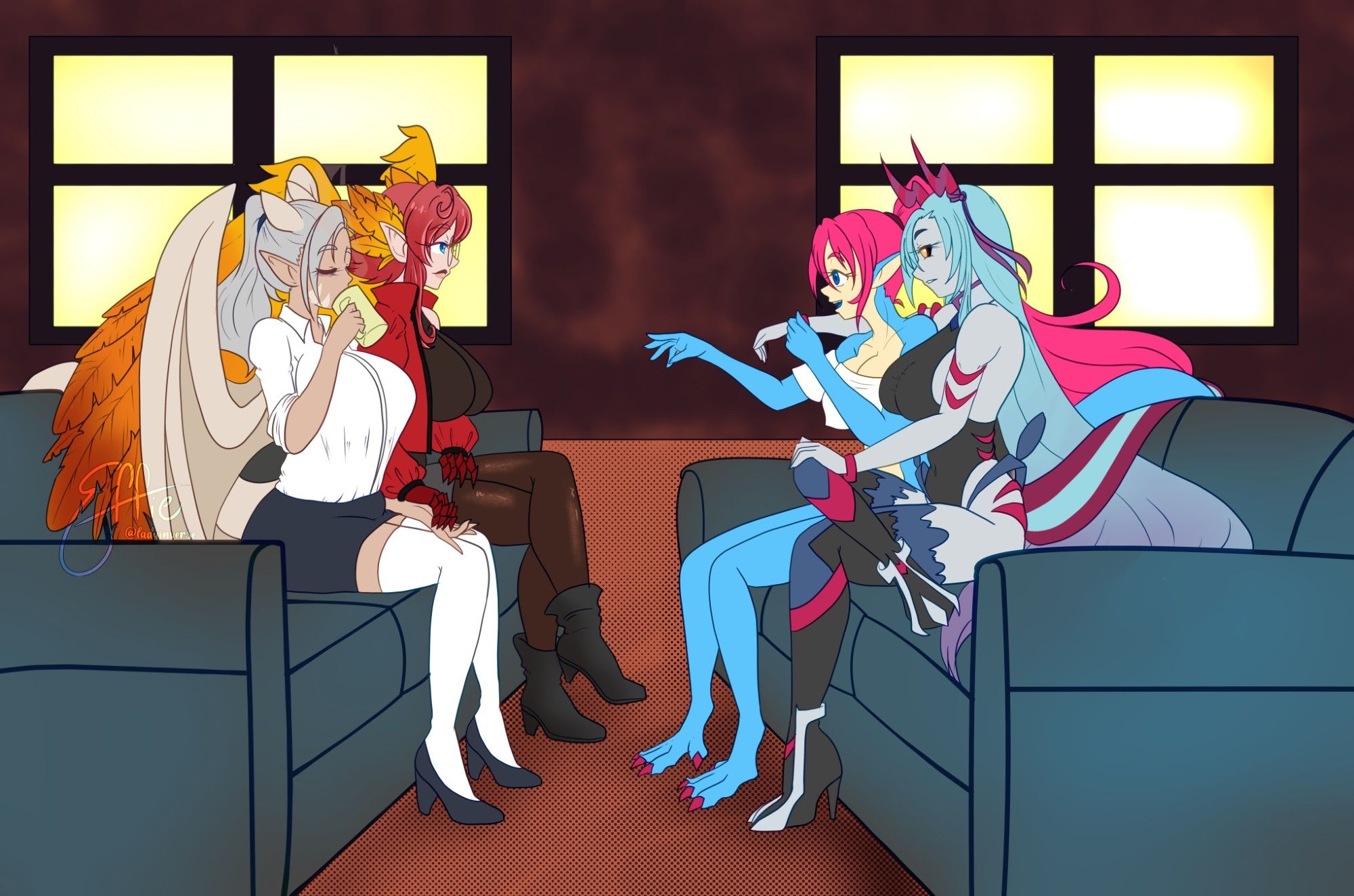 four monster girls sitting on couches, thoroughly engaged in coffee-shop like conversation. a dragon woman is drinking her coffee as she holds hands with an angel woman (and who's wings are around the dragon woman), who is speaking with a blue lizard-girl across from her and a diaruga/scoliopede-pokegirl has her arms wrapped around the lizard girl, and their tails are entertwined.