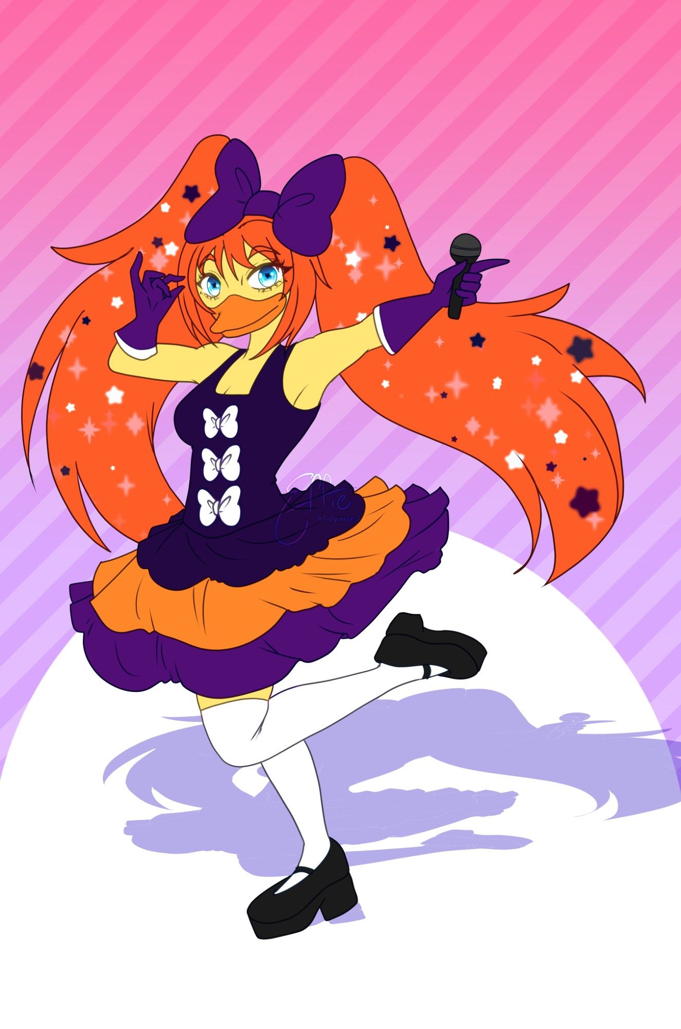 orange haired duck-girl striking an idol pose in the spotlight