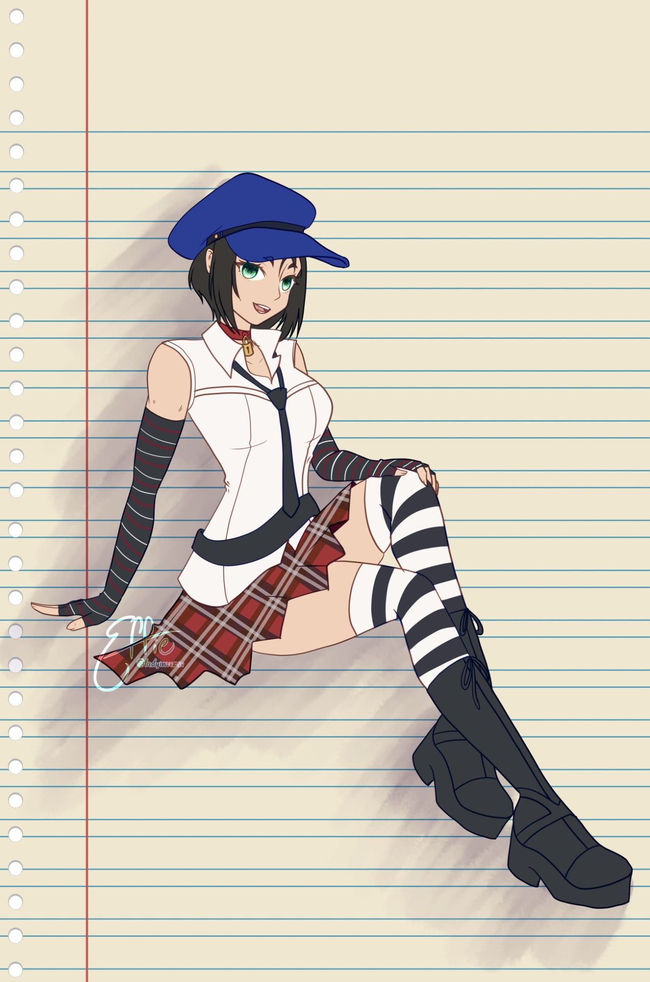 Marie from Persona 4 sitting with her leg propped up on a lined paper backdrop