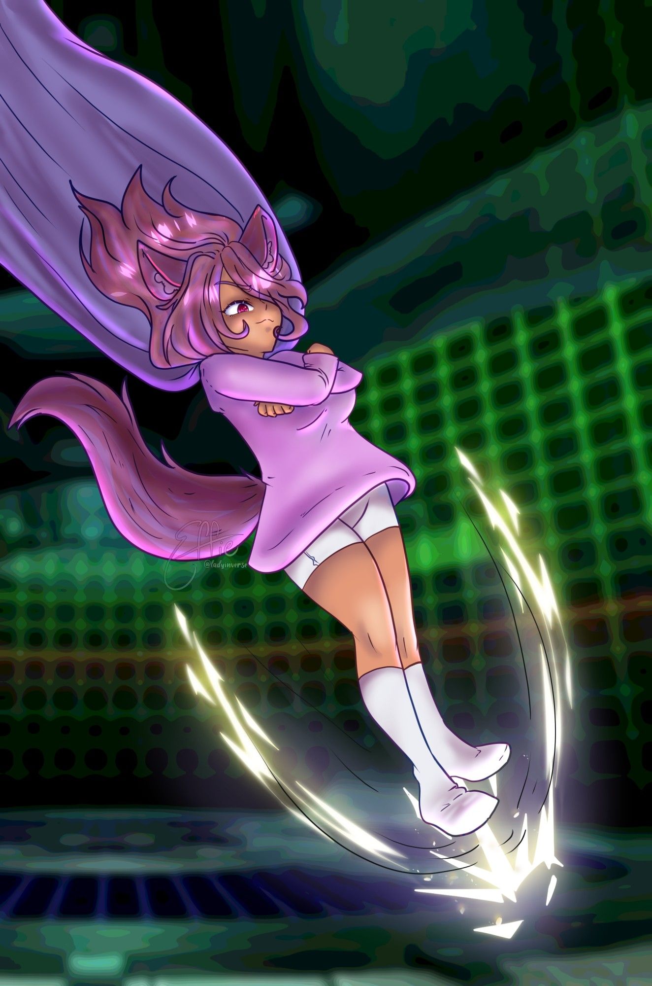 purple haired cat-girl doing Doctor Doom's fighting move from Marvel vs Capcom "Footdive" on a green and black backdrop