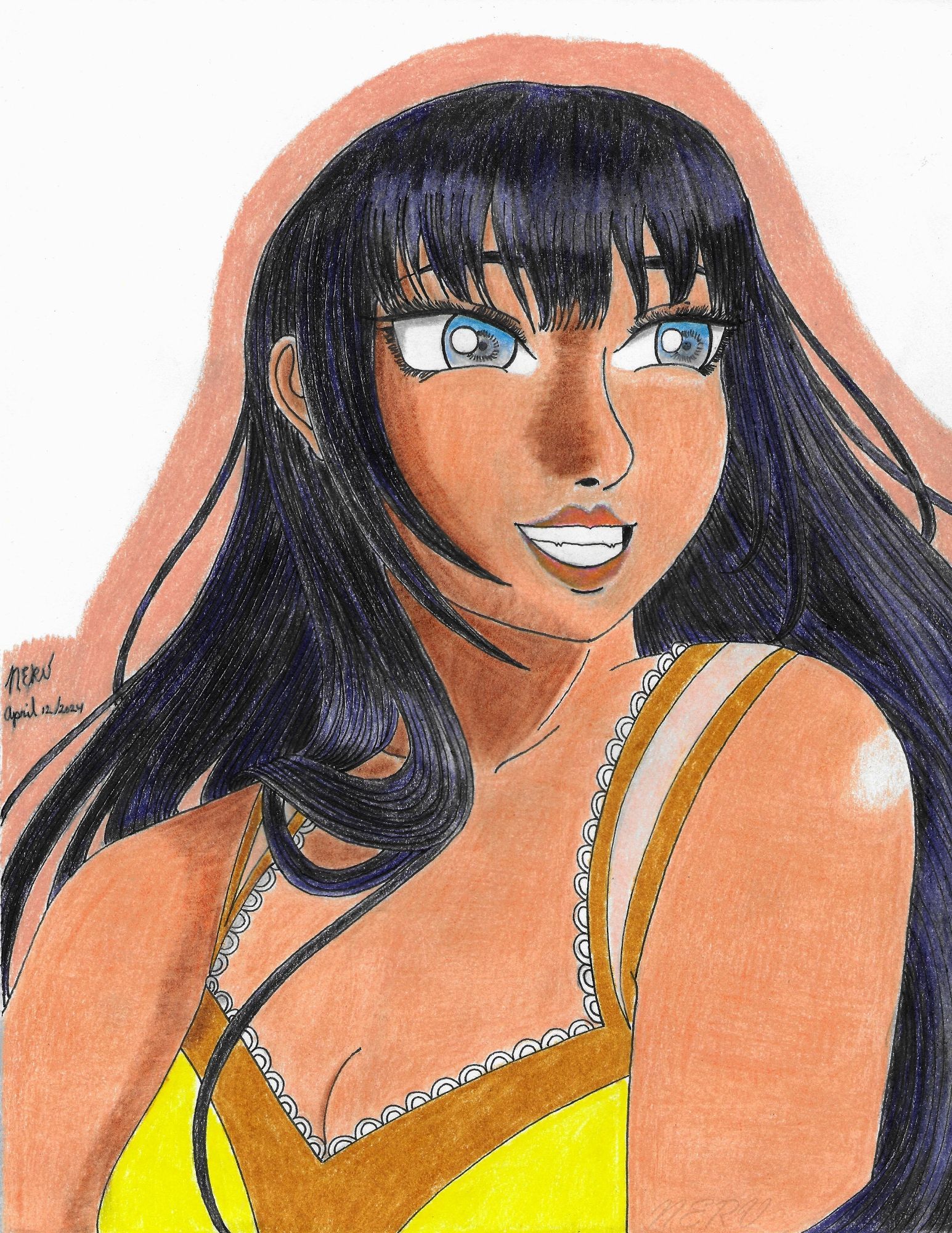 Colored bust drawing of a young woman. She is clothed in a dress with different shades of yellow. It has patterns by the collar. Her skin is lightly tanned, her eyes are sky blue, and her hair is midnight blue. Her head is turned to the side, her hair is flowing along with the motion. She is grinning brightly. A peach outline surrounds her.