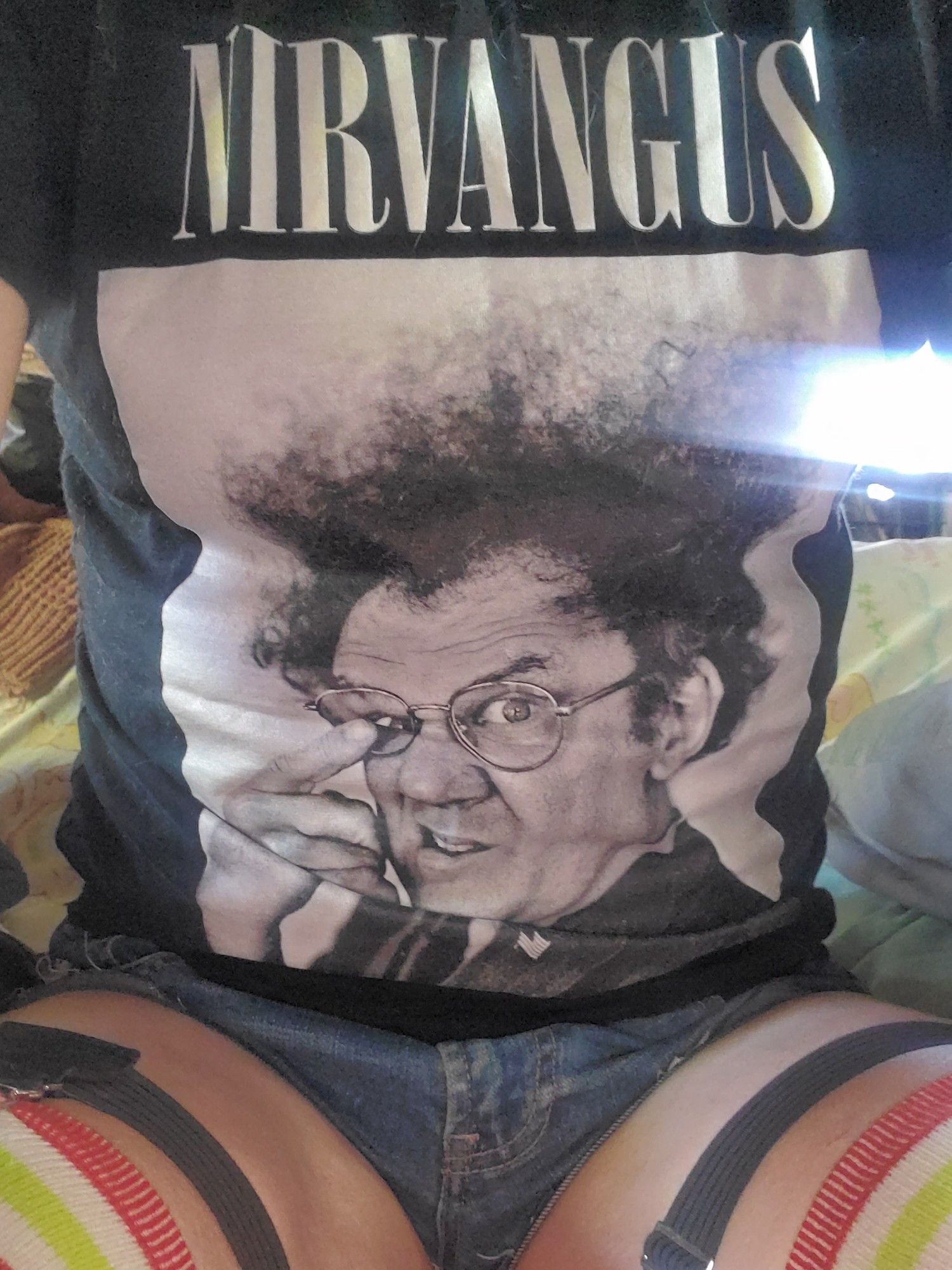 a black and white Steve Brule shirt that says nirvangus, denim cutoffs, and thigh high striped socks with garters