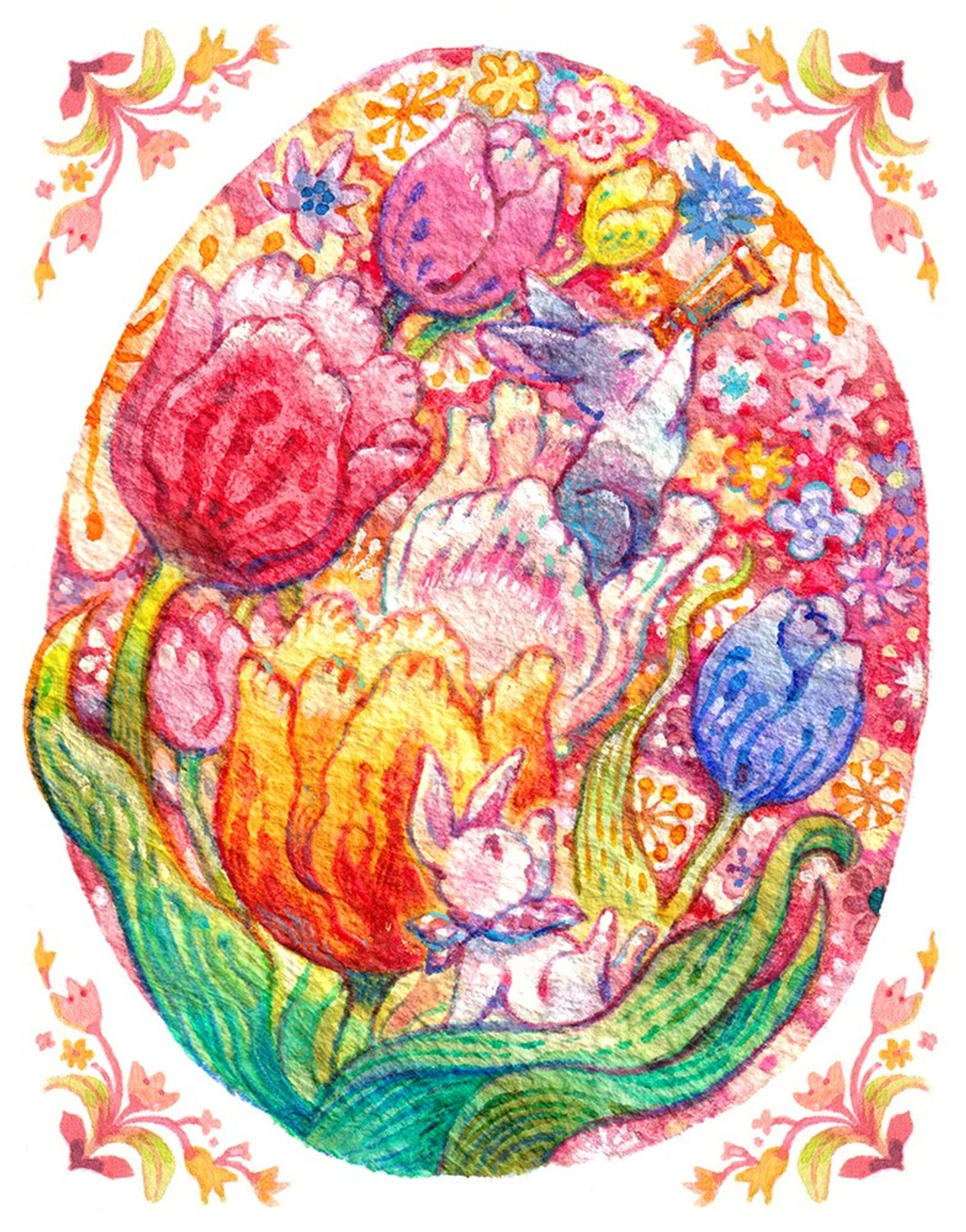 watercolor rondel of colorful tulips and millefleur inspired background with tiny bunnies on the lookout