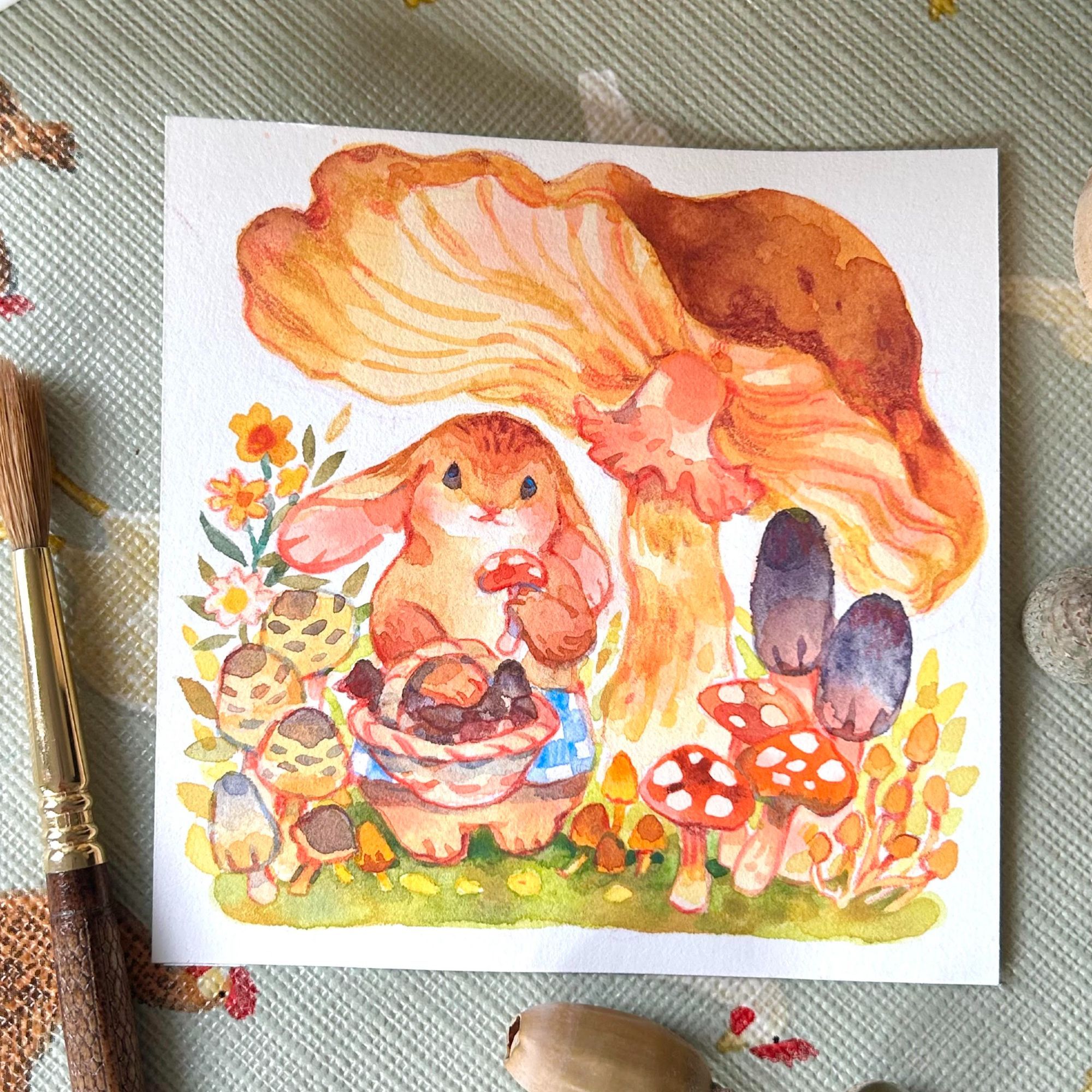 watercolour bunny picking mushrooms