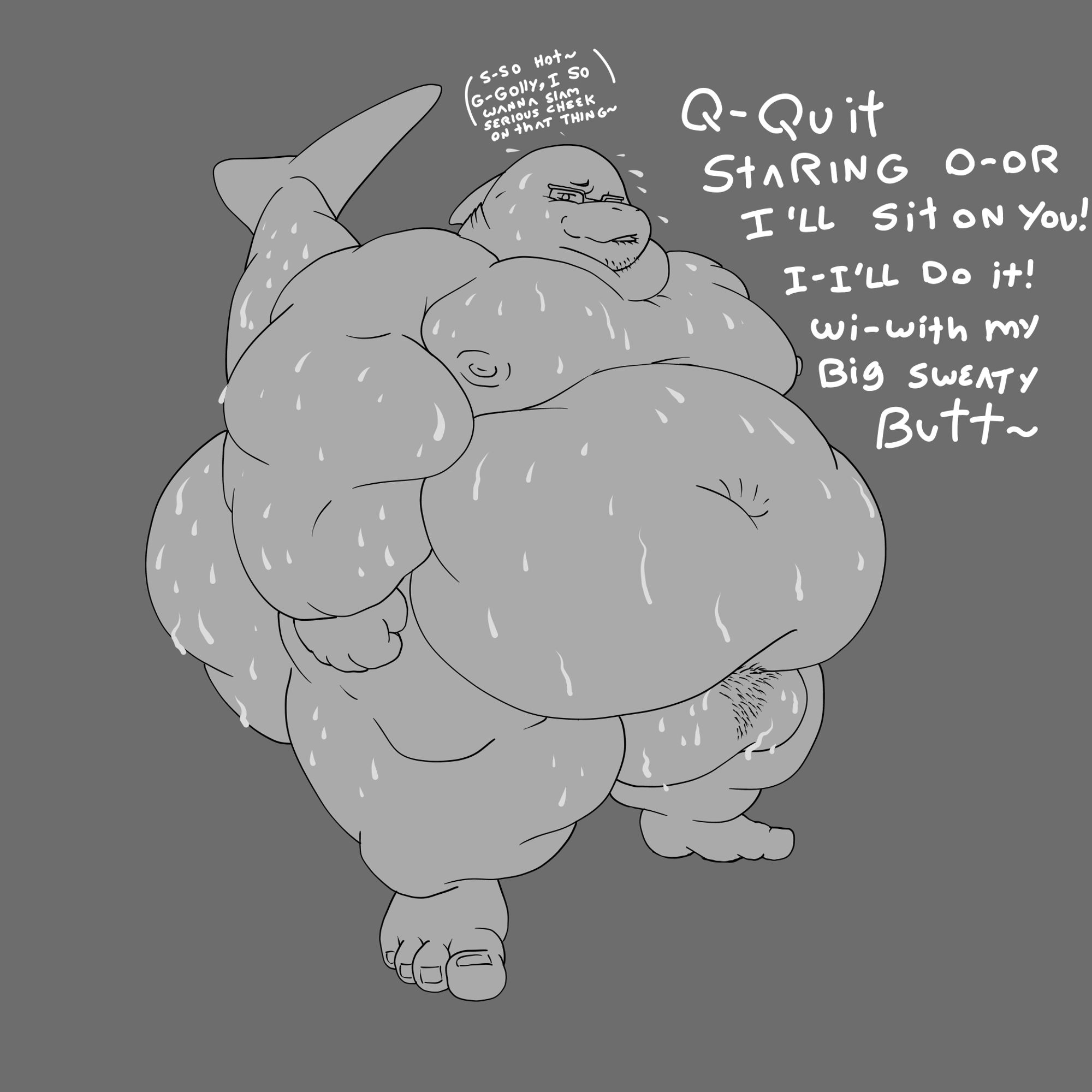 Wesley (Wasabi) Wells is looking straight at you, sweating profusely as he blurts "Q-Quit staring o-or I'll sit on you! I-I'll do it! wi-with my big sweaty butt!"

Under his breath: "S-So hot~ g-golly, I so wanna slam some serious cheek on that thing"