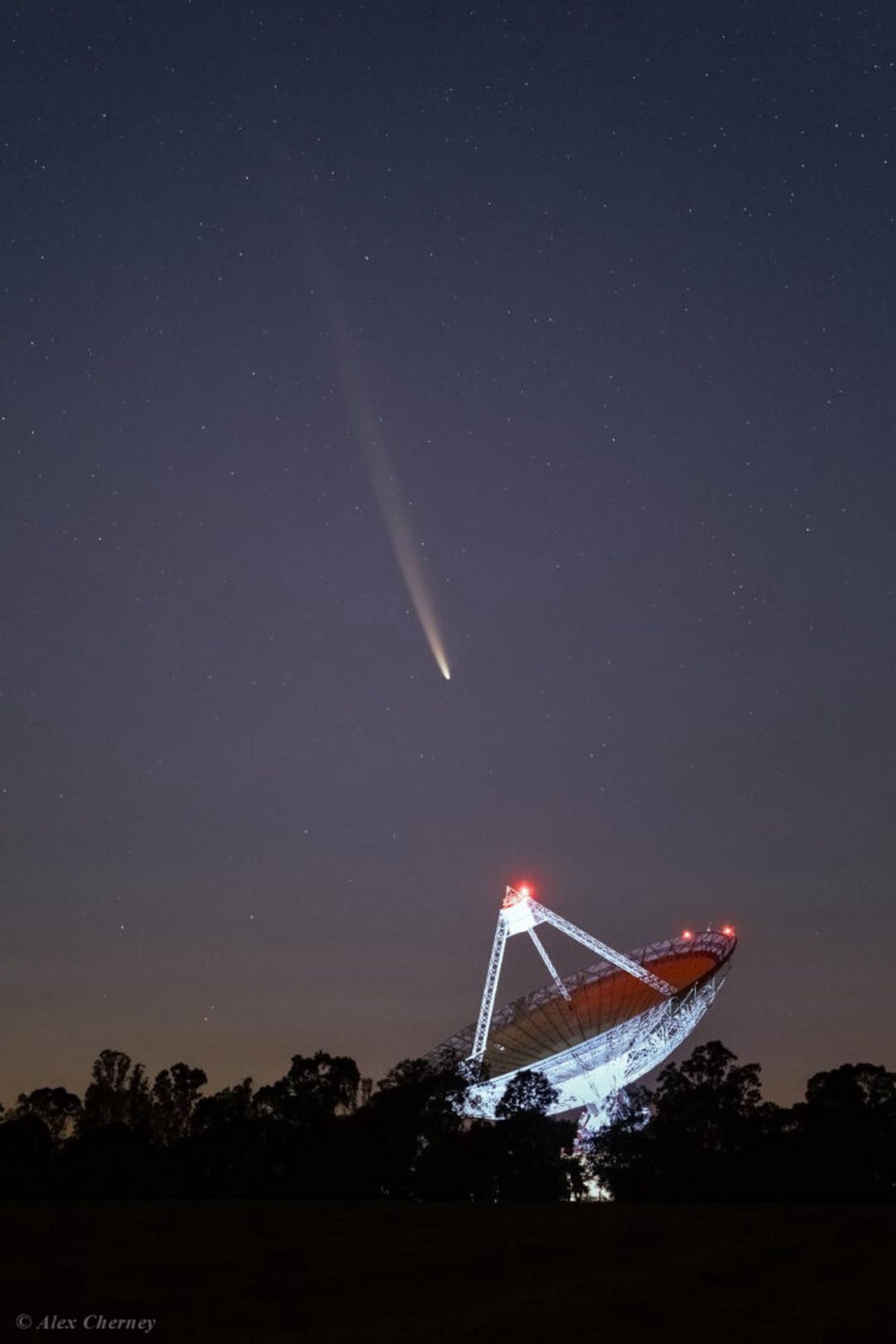 In the distance, and behind some trees, is a large radio telescope that is pointing upwards to the sky. Above it, is a long thin-tailed comet with the tail pointing away from the telescope