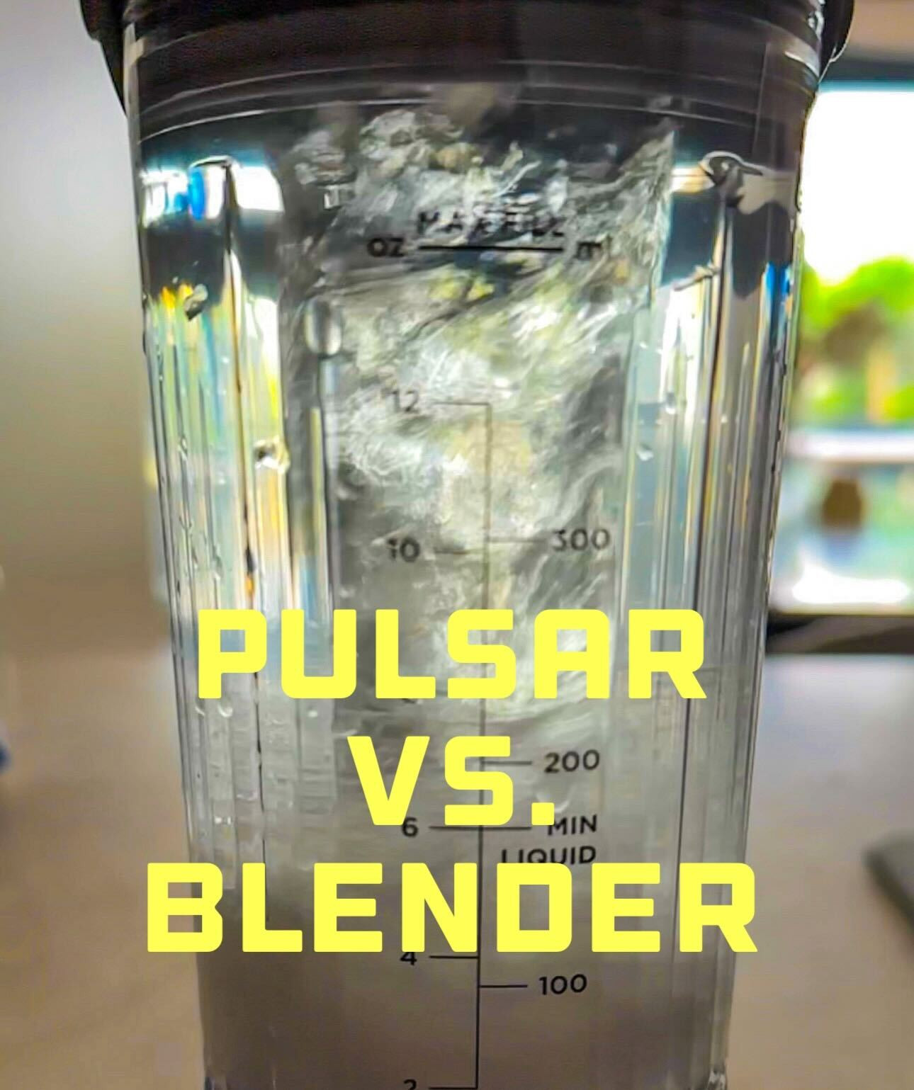 An image of a blender in motion, showing a whirlpool of water as it spins. The words "Pulsar vs. Blender" are also annotated on the image.