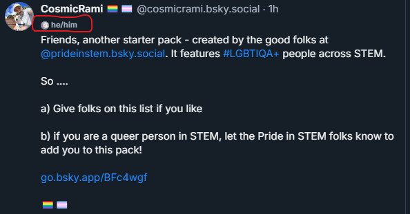 screenshot of a post from me. It features my handle as well as the post content itself, which is not important for this example. The key important factor is that right below my name is a little label that says "he/him" on it and it is circled with a red, drawn on rectangle to draw attention to it. 