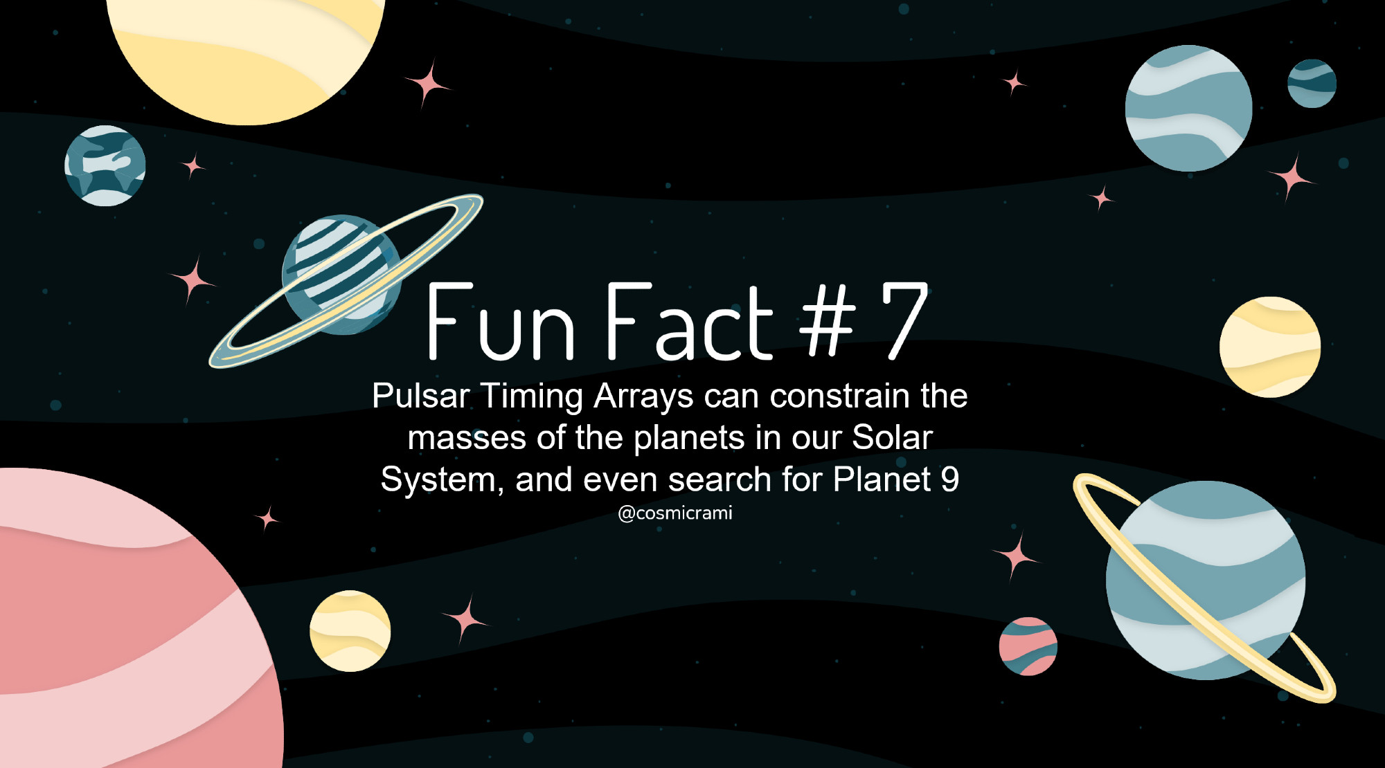 Infographic card that features cartoon planets and says "Fun Fact number 7 - Pulsar Timing Arrays can constrain the masses of the planets in our Solar System, and even search for Planet 9"
