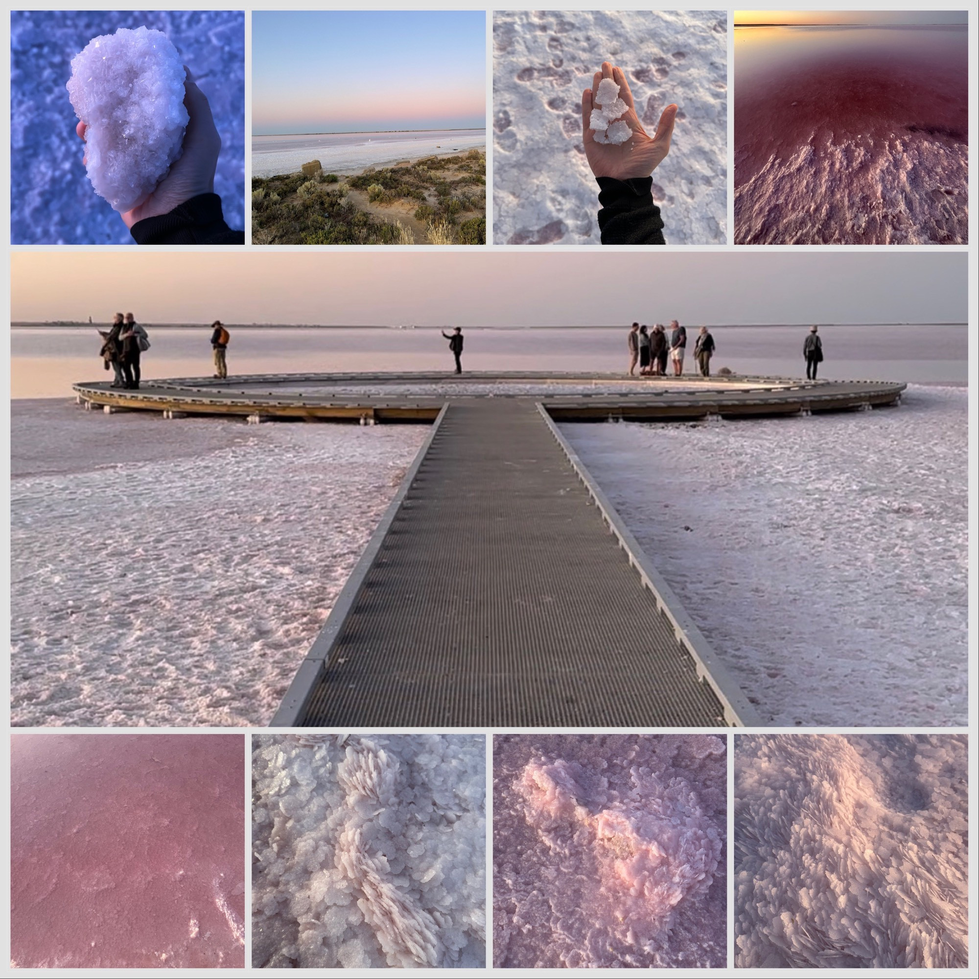 Nine tile image showing the salt beaches, a walkway over the salt, and a hand holding up chunks of salt.