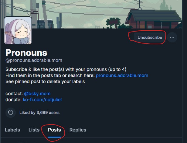 Profile of the 'Pronouns' account that shows the header image, avatar, and instructions on how to add the label service to your account. The subscribe button and post button on the profile have had a red circle drawn around them to draw attention to them. 