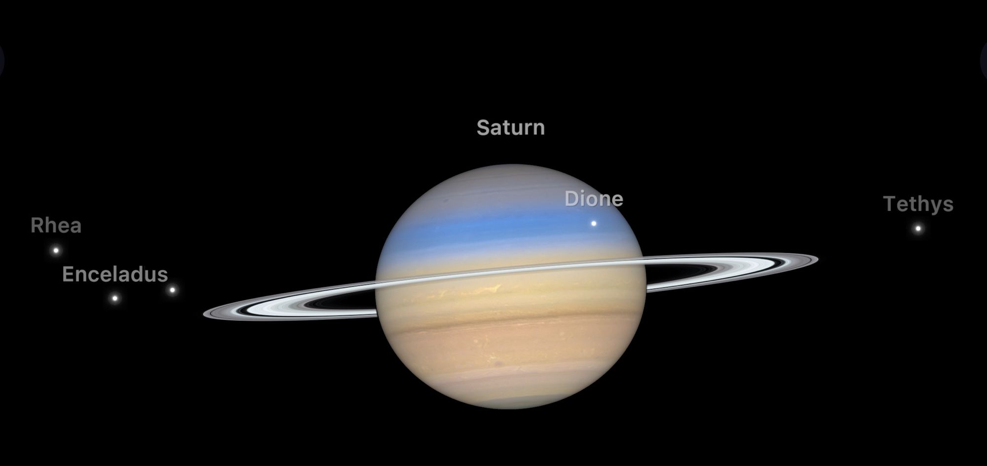 Graphical representation of the planet Saturn and several of its moons nearby. The planet and five nearby moons are annotated. The rings of the planet appear nearly edge on. The planet is false coloured in hues of pale yellow in the lower half of the disc and becoming more blue and pale purple in the upper half of the disc.