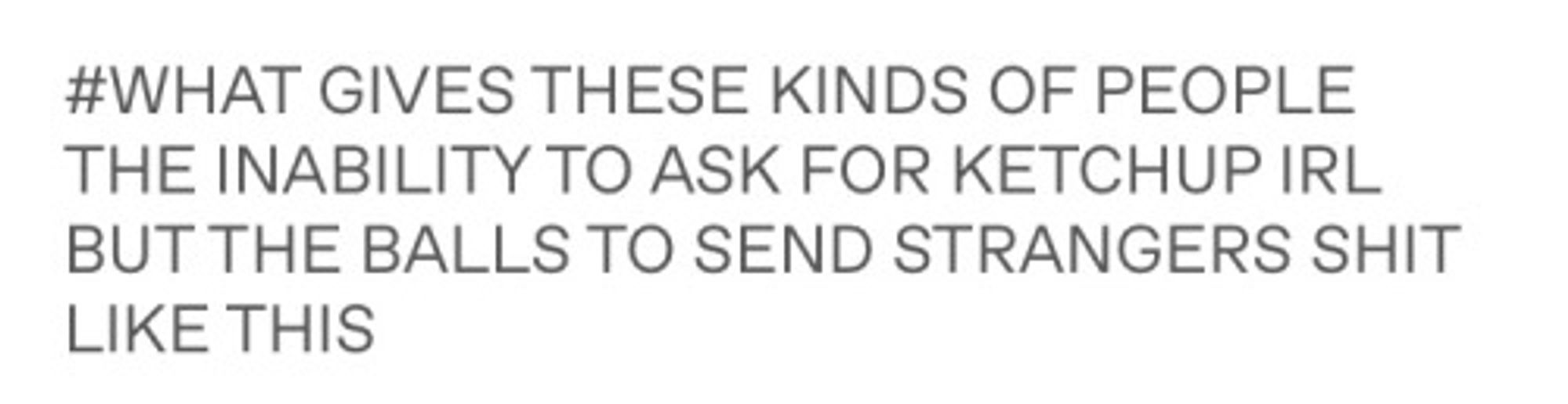 Screenshot of ancient Tumblr tags reading “WHAT GIVES THESE KINDS OF PEOPLE THE INABILITY TO ASK FOR KETCHUP IRL BUT THE BALLS TO SEND STRANGERS SHIT LIKE THIS”