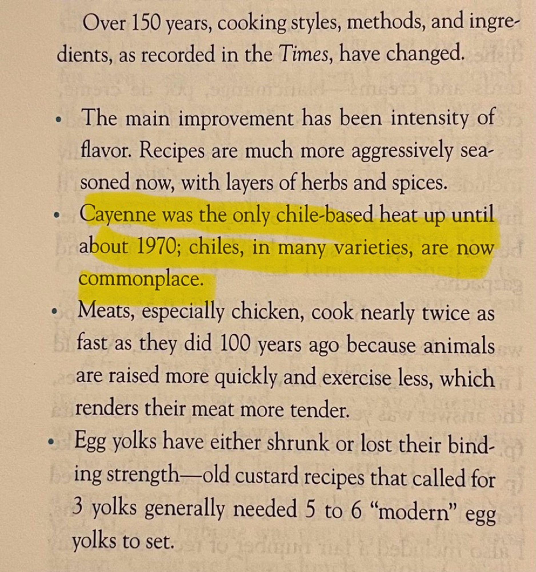 From @hradzka’s Twitter post about The Essential New York Times Cookbook, relevant highlighted section only soz bc this thing is hella long: 
“Cayenne was the only chile-based heat up until about 1970; chiles, in many varieties, are now commonplace.”