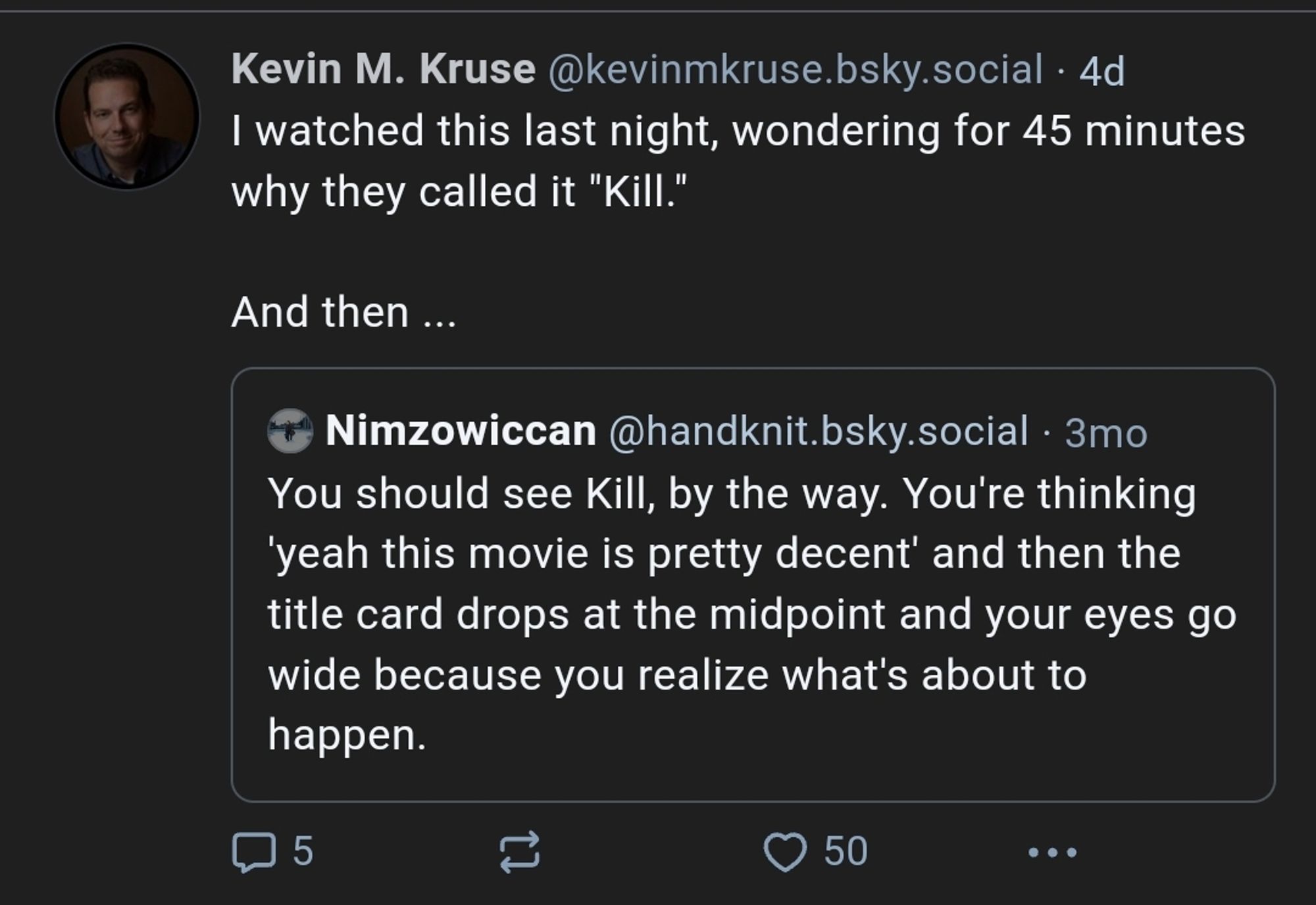 Some people talking about the title card gimmick in Kill (2023), not Kill (2024)