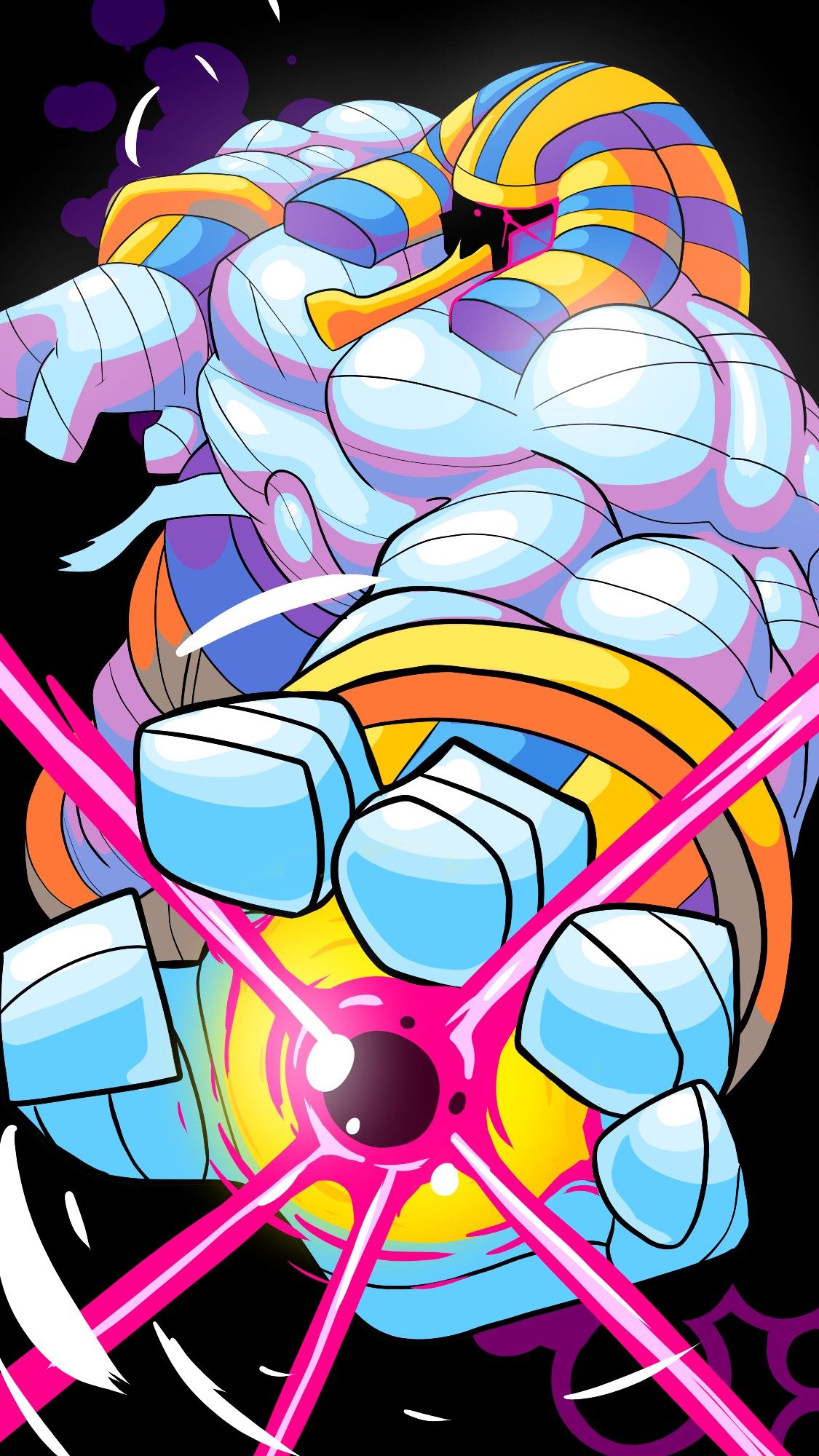 Anakaris from Darkstalkers.  He is a large, buff mummy with an ornate head dress.  He is reaching his hand toward a viewer and a yellow eyeball is coming out of his palm, shooting pink beams of energy.