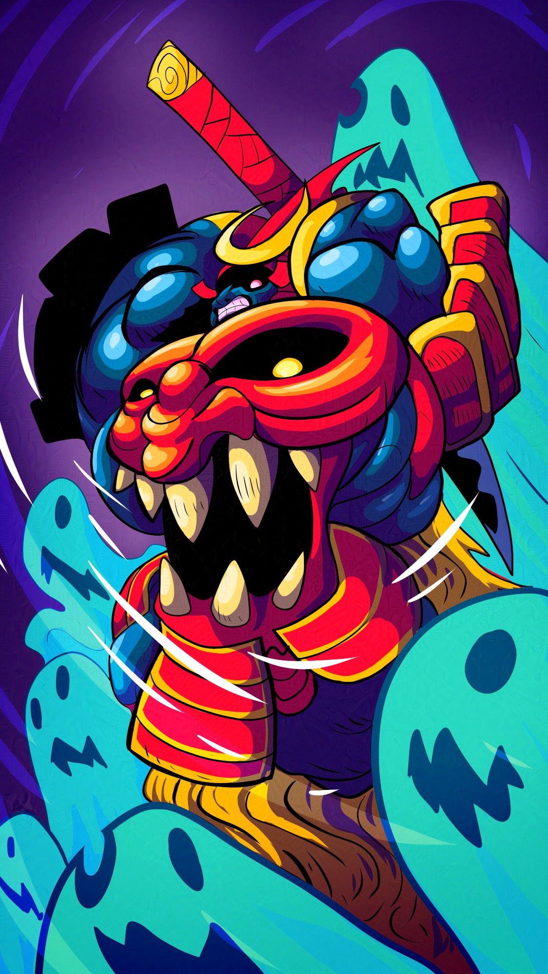 Bishamon from Darkstalkers.  He is a demon samurai surrounded by cloud-like spirits.  His armor is red and the breastplate is a face with an open fanged mouth.