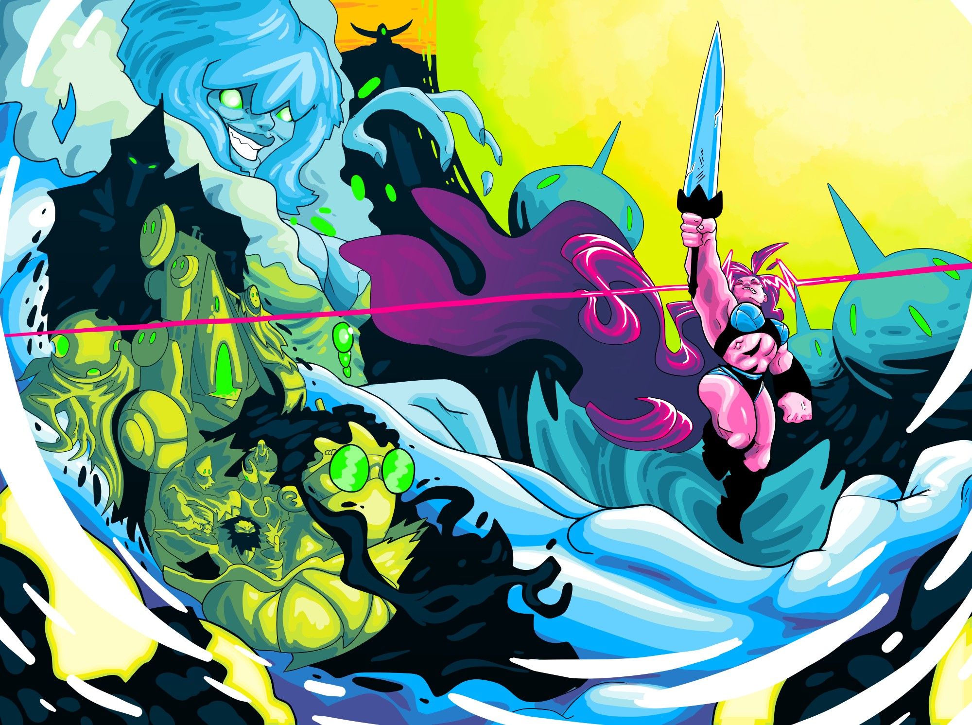 A muscular woman holding a sword aloft with magic beams shooting from her eyes. A collage of supporting characters in the background.  Magenta and neon green colors used liberally.