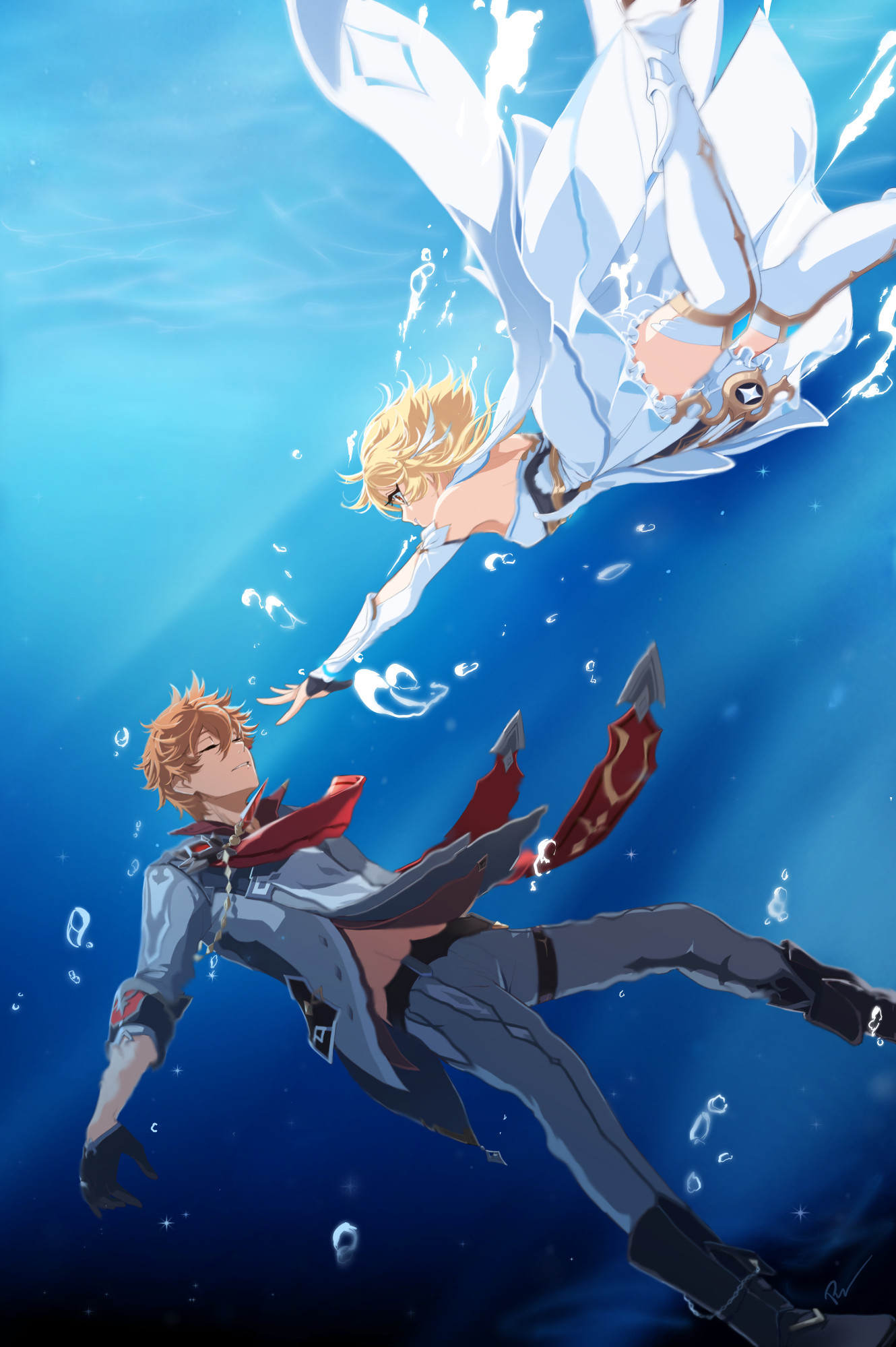 Rayana artwork. Lumine attempts to reach out to an unconscious Childe Tartaglia underwater. Chilumi.