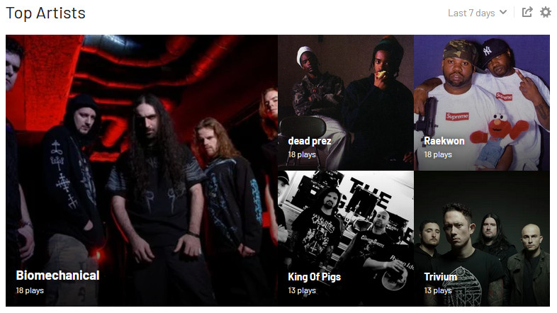 1- Biomechanical (industrial/thrash metal) 2- dead prez (hip hop) 3- Raekwon (hip hop) 4- King of Pigs (hardcore punk) 5- Trivium (metalcore)
