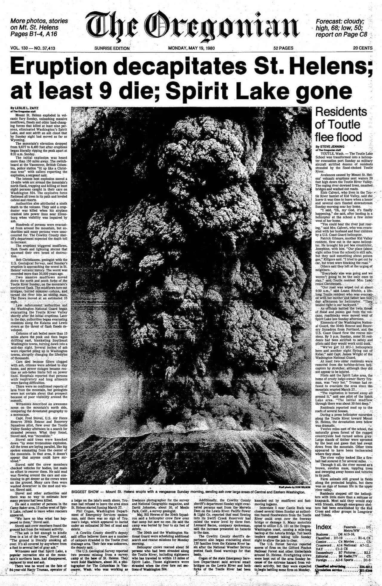 Front page of The Oregonian, May 18, 1980 with the headline: ‘Eruption decapitates St. Helens; at least 9 die; Spirit Lake gone’