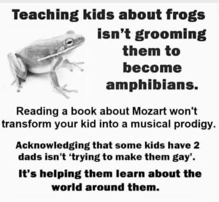 Teaching kids about frogs isn't grooming them to become amphibians. 
Reading a book about Mozart won't transform your kid into a musical prodigy. 
Acknowledging that some kids have 2 dads isn't 'trying to make them gay'.
It's helping them learn about the world around them.