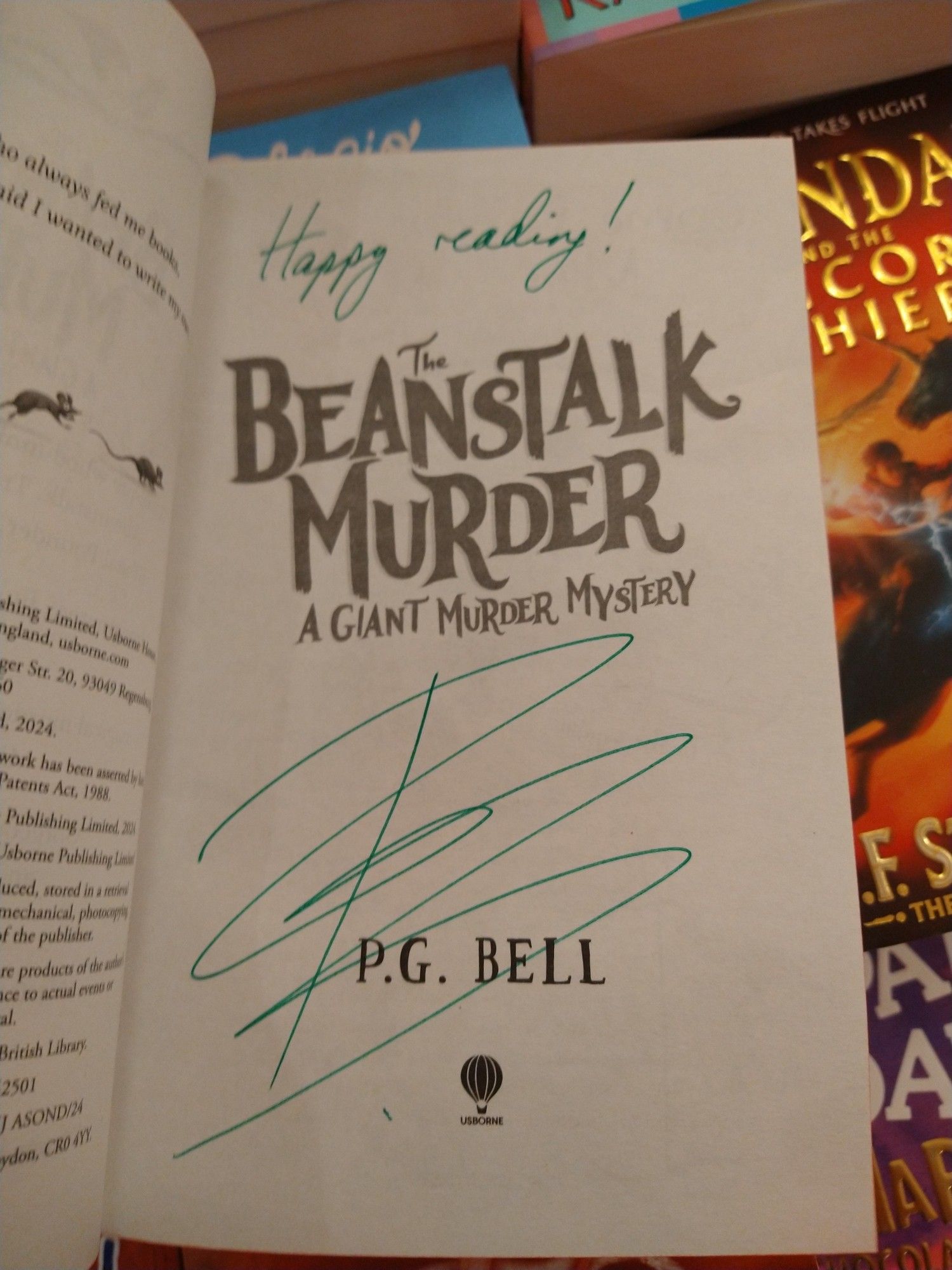 The title page of The Beanstalk Murder, featuring my signature and the phrase "Happy reading!" in green ink.