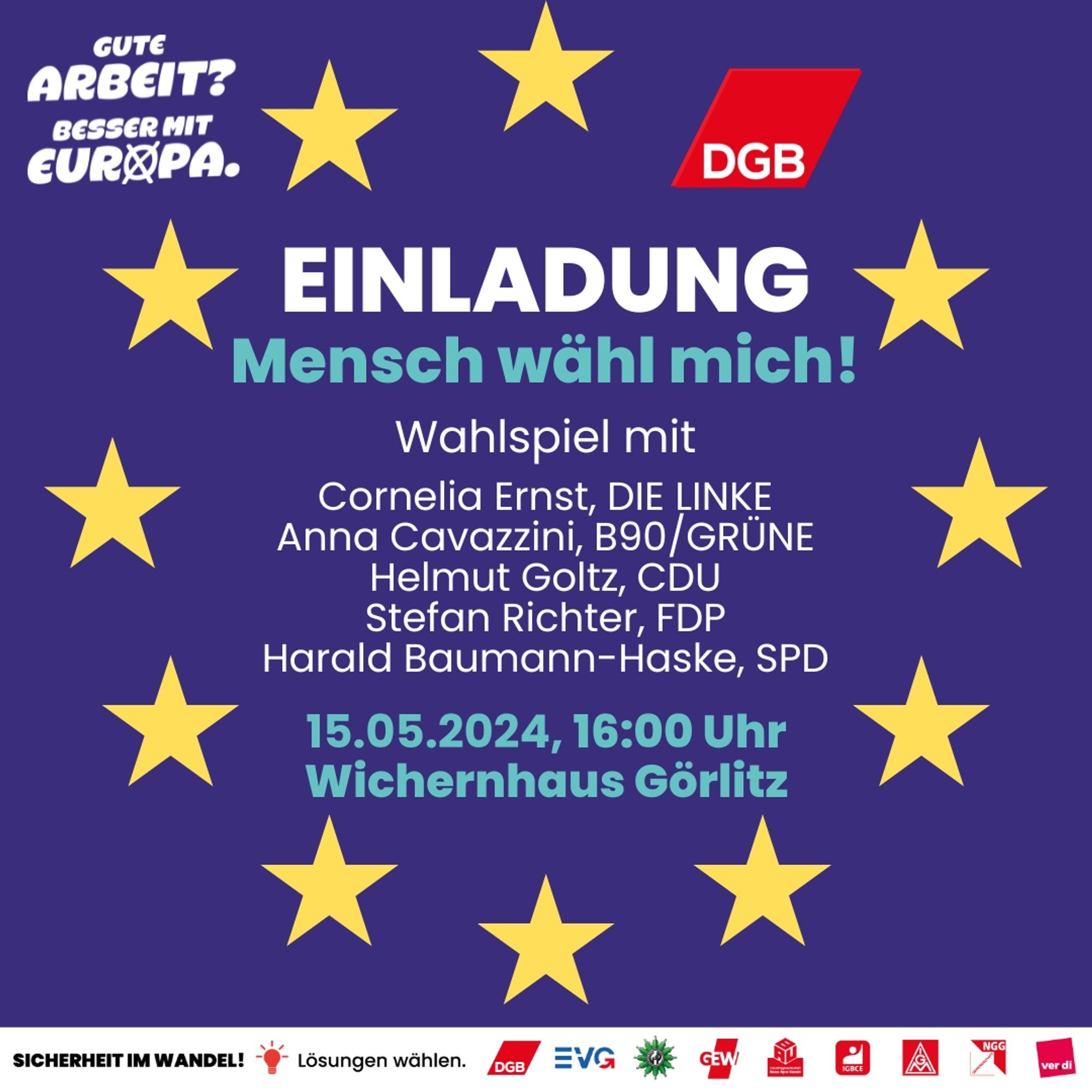 Es handelt sich um die Einladung zum Wahlspiel in Görlitz am 15.05.2024, 16:00 Uhr im Wichernhaus Görlitz.