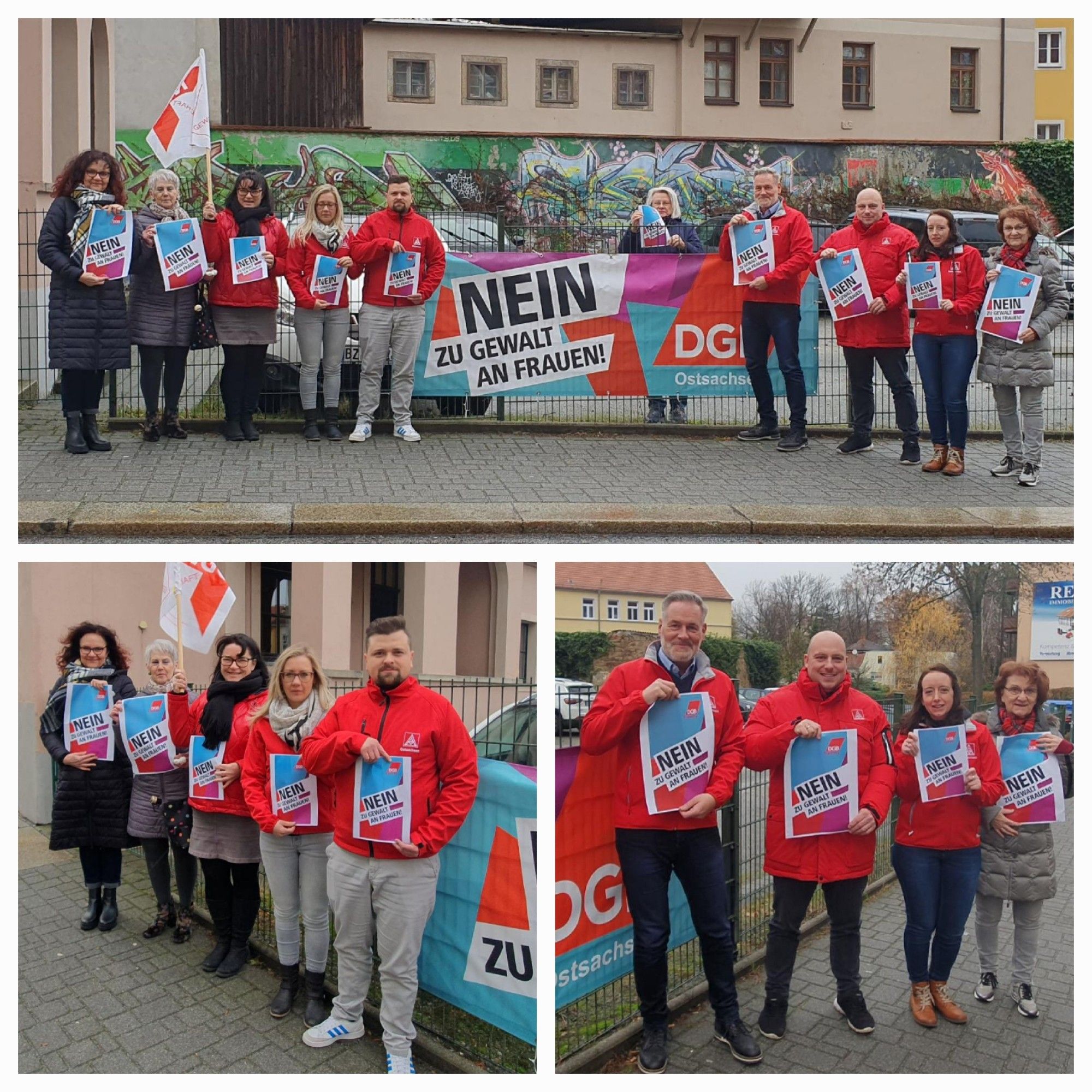 Auf dem Bild sind Kolleginnen und Kollegen der Gewerkschaften in Ostsachsen vor dem Gewerkschaftshaus in Bautzen. Sie sagen mit einem Banner und Flugblättern "Nein zu Gewalt an Frauen".