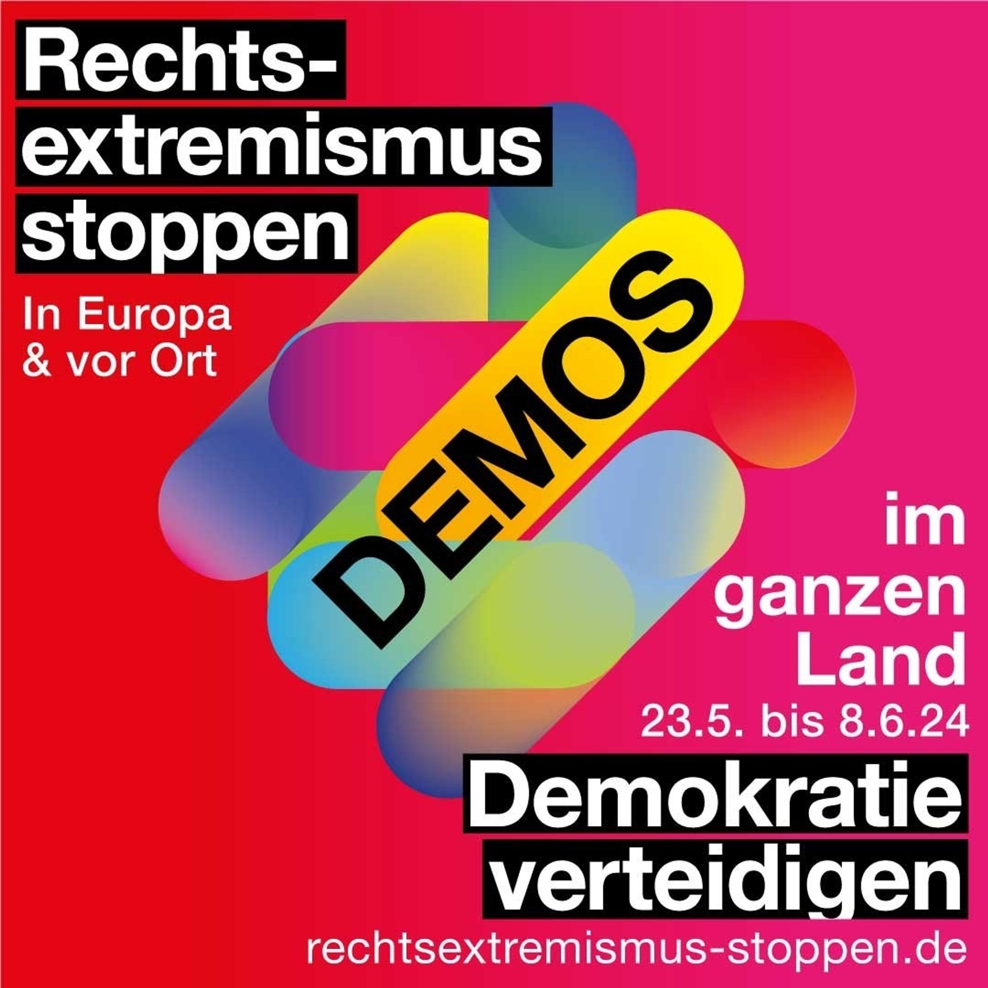 Es handelt sich um den bundesweiten Aufruf zu den Demos vom 23.5. bis 8.6.24. Rechtsextremismus stoppen, Demokratie verteidigen.