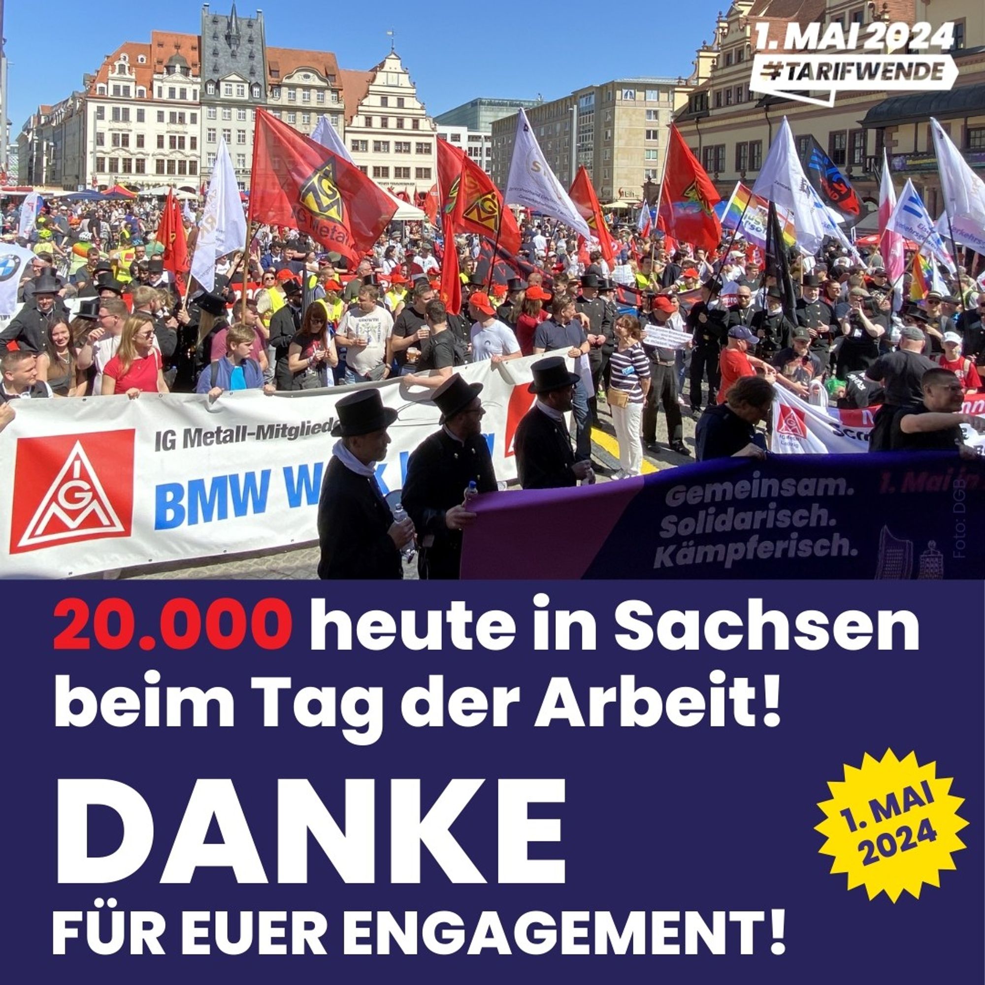 Auf der Kachel ist ein Bild von der Kundgebung in Leipzig zu sehen. Auf der Kachel steht: 20.000 heute in Sachsen beim Tag der Arbeit! Danke für euer Engagement!