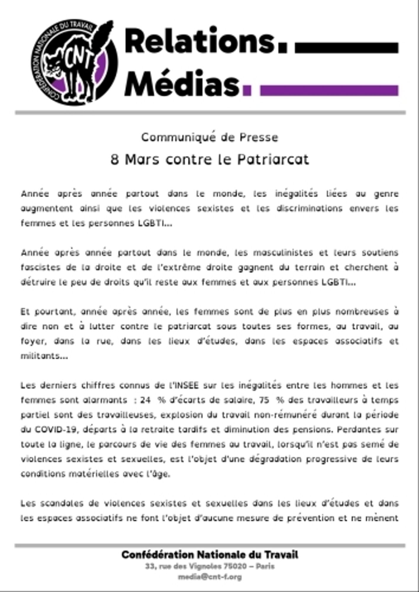 Première page du communiqué confédéral d'appel à la mobilisation pour le 8 mars, à retrouver en intégralité ici : https://www.cnt-f.org/spip.php?article3635