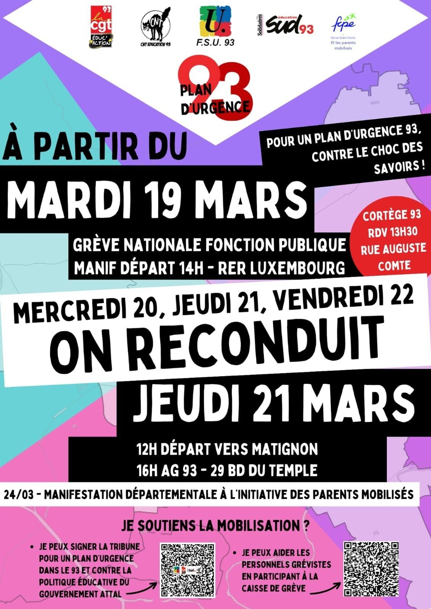 Mardi 19 mars : grève nationale fonction publique. Manif départ 14h au rer luxembourg.