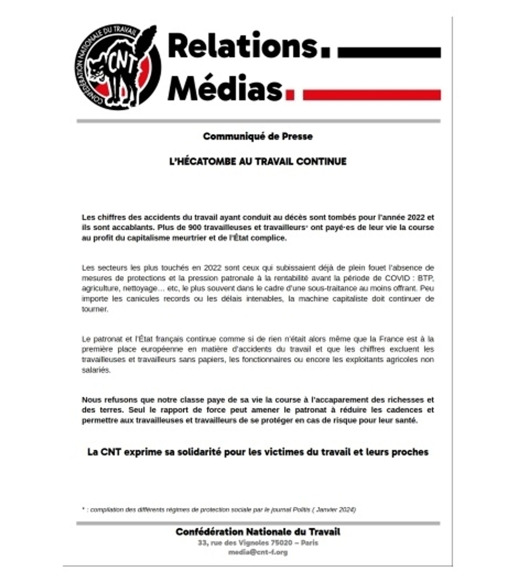 Les chiffres des accidents du travail ayant conduit au décès sont tombés pour l’année 2022 et ils sont accablants. Plus de 900 travailleuses et travailleurs* ont payé·es de leur vie la course au profit du capitalisme meurtrier et de l’État complice.

Les secteurs les plus touchés en 2022 sont ceux qui subissaient déjà de plein fouet l’absence de mesures de protections et la pression patronale à la rentabilité avant la période de COVID : BTP, agriculture, nettoyage… etc, le plus souvent dans le cadre d’une sous-traitance au moins offrant. Peu importe les canicules records ou les délais intenables, la machine capitaliste doit continuer de tourner.

Le patronat et l’État français continue comme si de rien n’était alors même que la France est à la première place européenne en matière d’accidents du travail et que les chiffres excluent les travailleuses et travailleurs sans papiers, les fonctionnaires ou encore les exploitants agricoles non salariés.