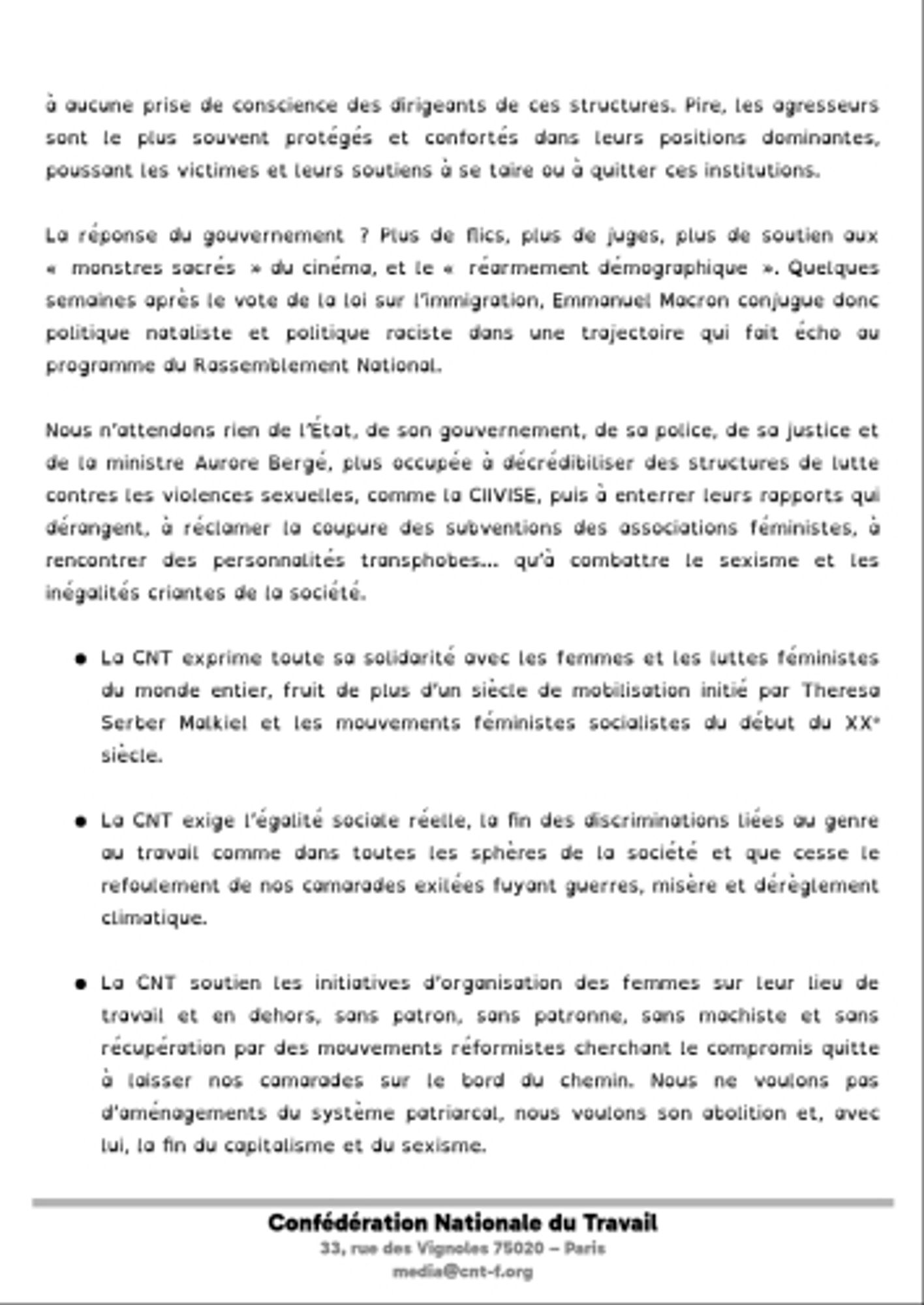 Deuxième page du communiqué confédéral d'appel à la mobilisation pour le 8 mars, à retrouver en intégralité ici : https://www.cnt-f.org/spip.php?article3635