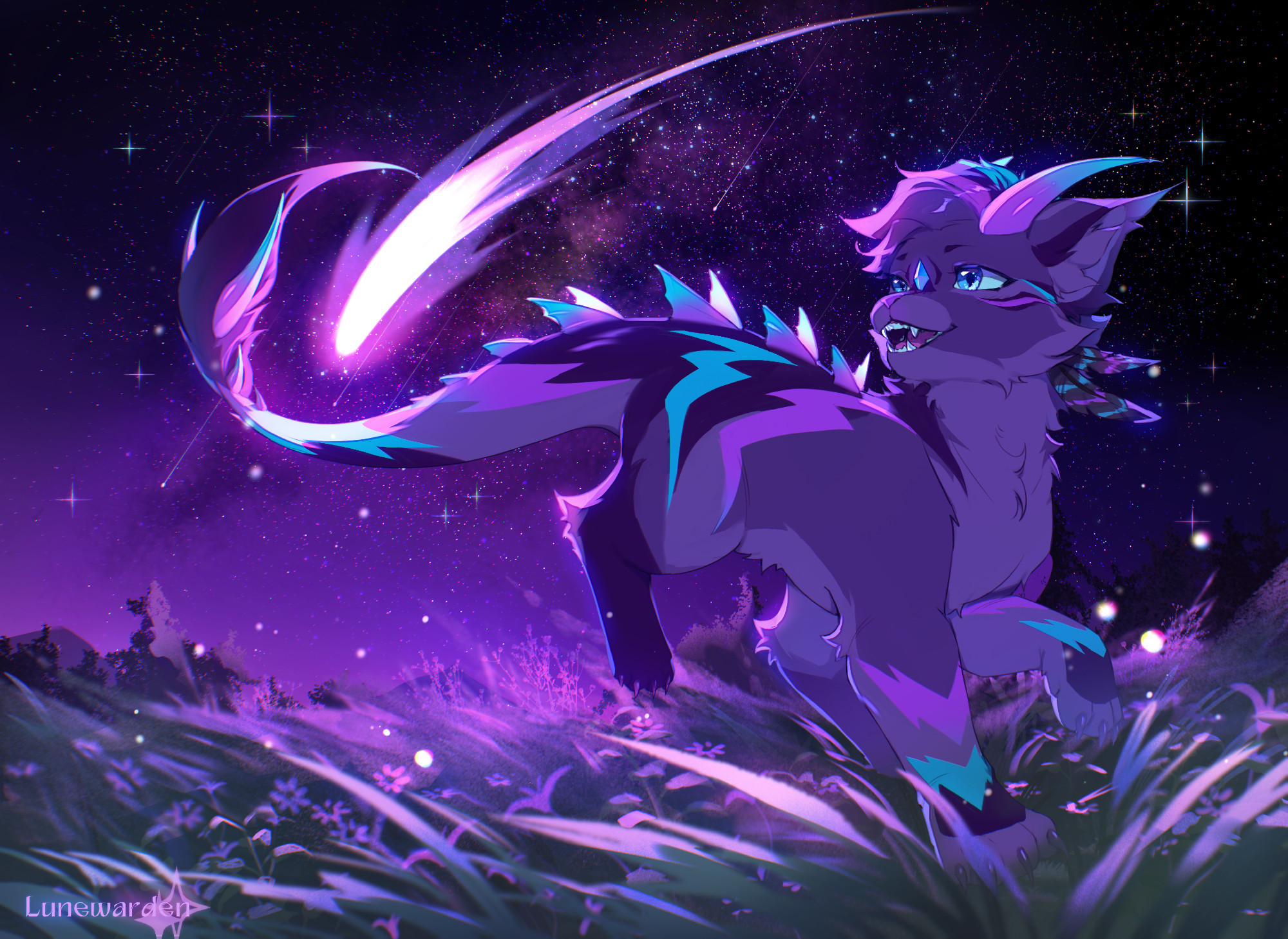 Hyoshi running through a meadow under the night sky as shooting stars fall from the sky. One falling particularly close and lighting up the field and hyoshi himself. Overall color scheme is different shades of purple and magenta with some hint of blue.

Hyoshi looks kinda like a cat-dragon hybrid. He is purple and has cyan and magenta markings, a little gem on his forehead and two feathers behind his ears.