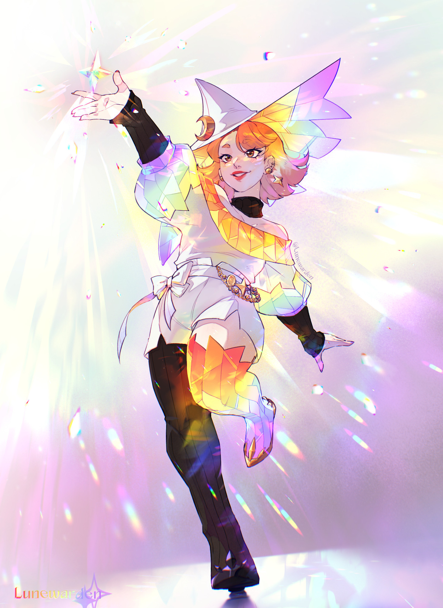 Fullbody drawing of Prism. She has light red hair and brown eyes. Her clothing is primarily white with dark brown tights (only on one site) as well for her collar and sleeves. Parts of her clothing have rainbow stained glass, and gold accents. She wears a white witch hat with jagged stained glass on the inside. 

Prism is standing against a white background among rainbow reflections of light holding up a 4-pointed rainbow star crystal.