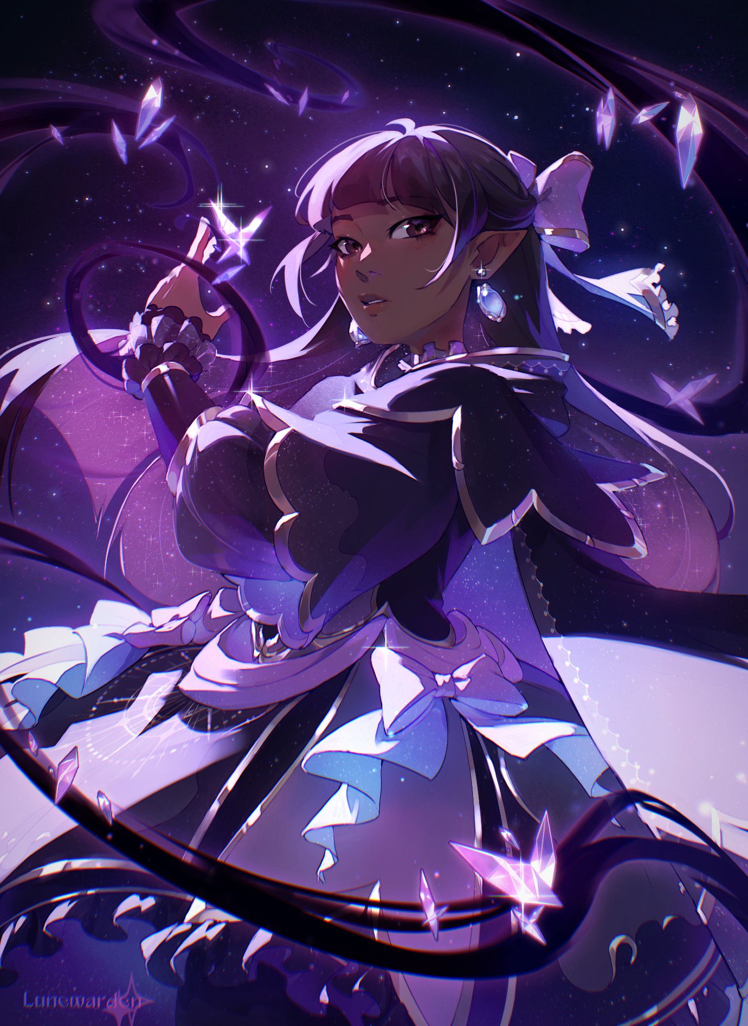 Thigh-up drawing of Violet
She's standing turned away looking at us surrounded by her shadow-magic swirls accompanied by purple crystals. Set in a bright light against a starry background. Violet has a detailed dark purple dress and cape with gold, purple and blue details. Also wearing a bow in the hair and earrings. The inside of her hair and cape have a galaxy look.