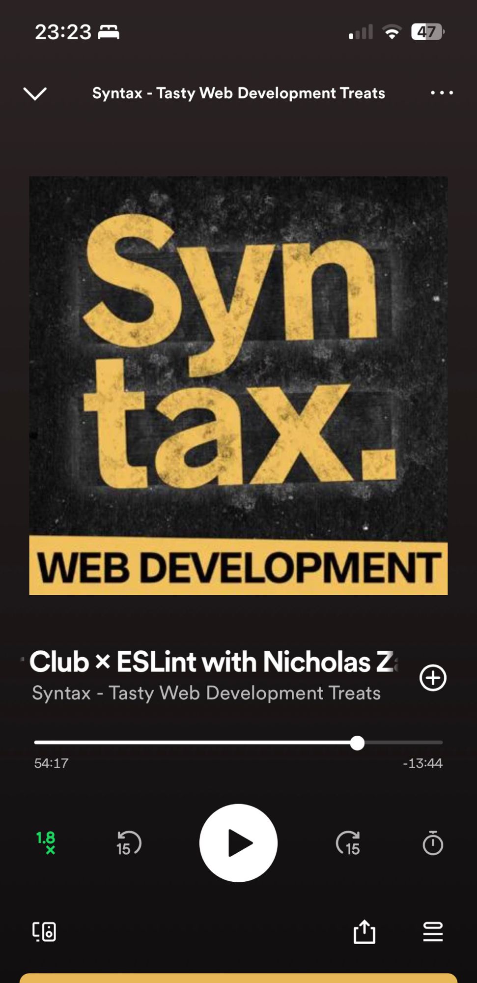 A screenshot of the Syntax episode from Spotify.