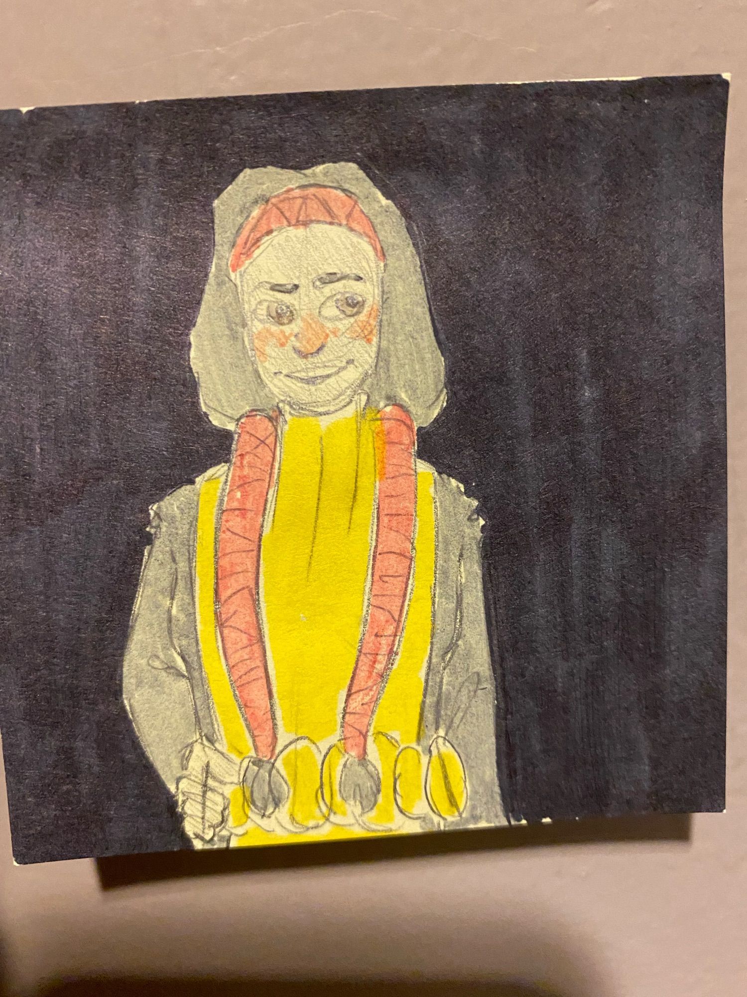 A pencil sketch on a sticky note of Danielle Moonstar from the waist up, colored with yellow, grey, and red highlighters. She is standing facing forward with her right hand on her hip. The background is colored solid black.