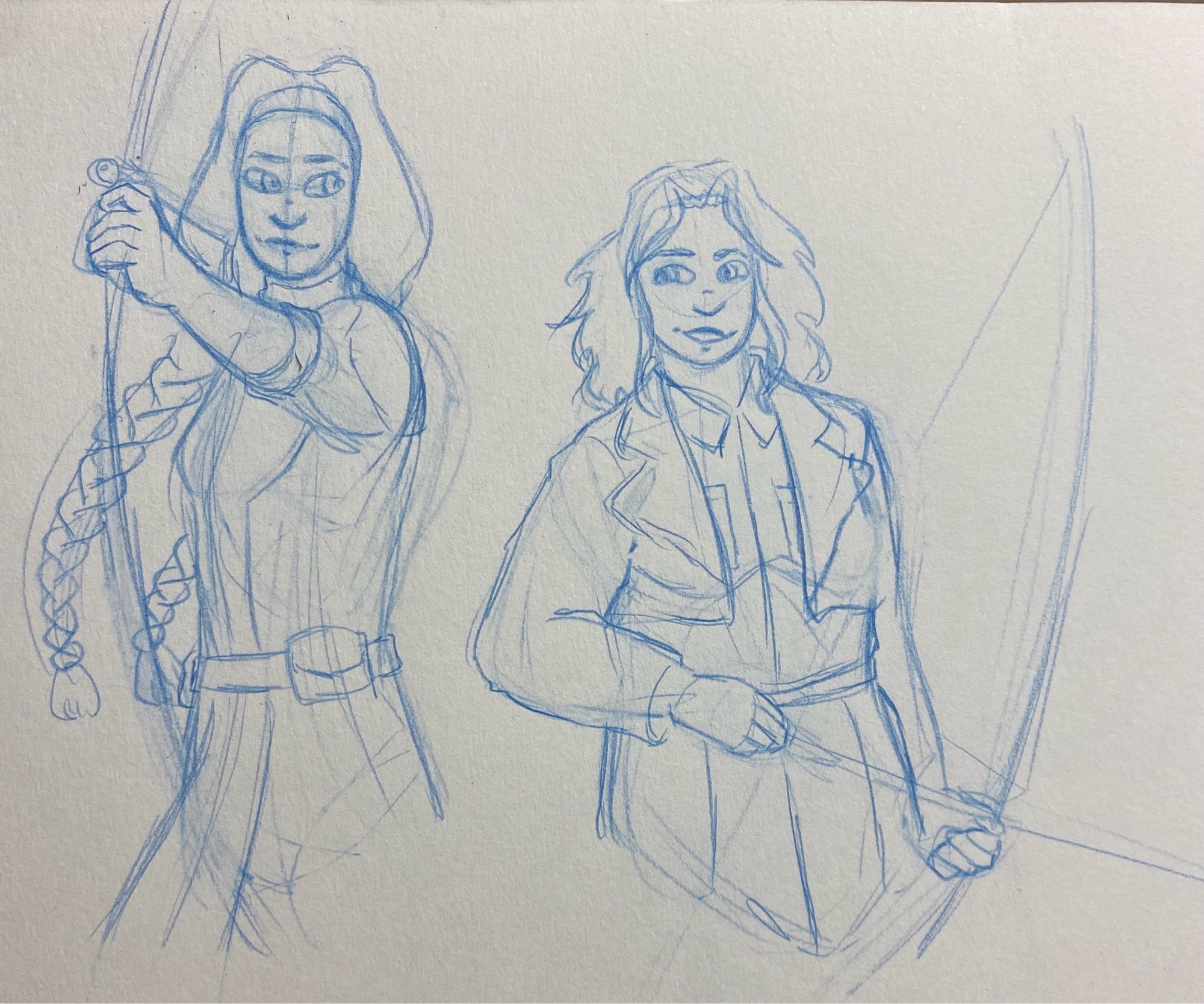 On the left is Mirage, a young Cheyenne woman, with an arrow nocked in her bow. On the right is Escapade, a young white woman, pointing a similar bow & arrow down and off the page.