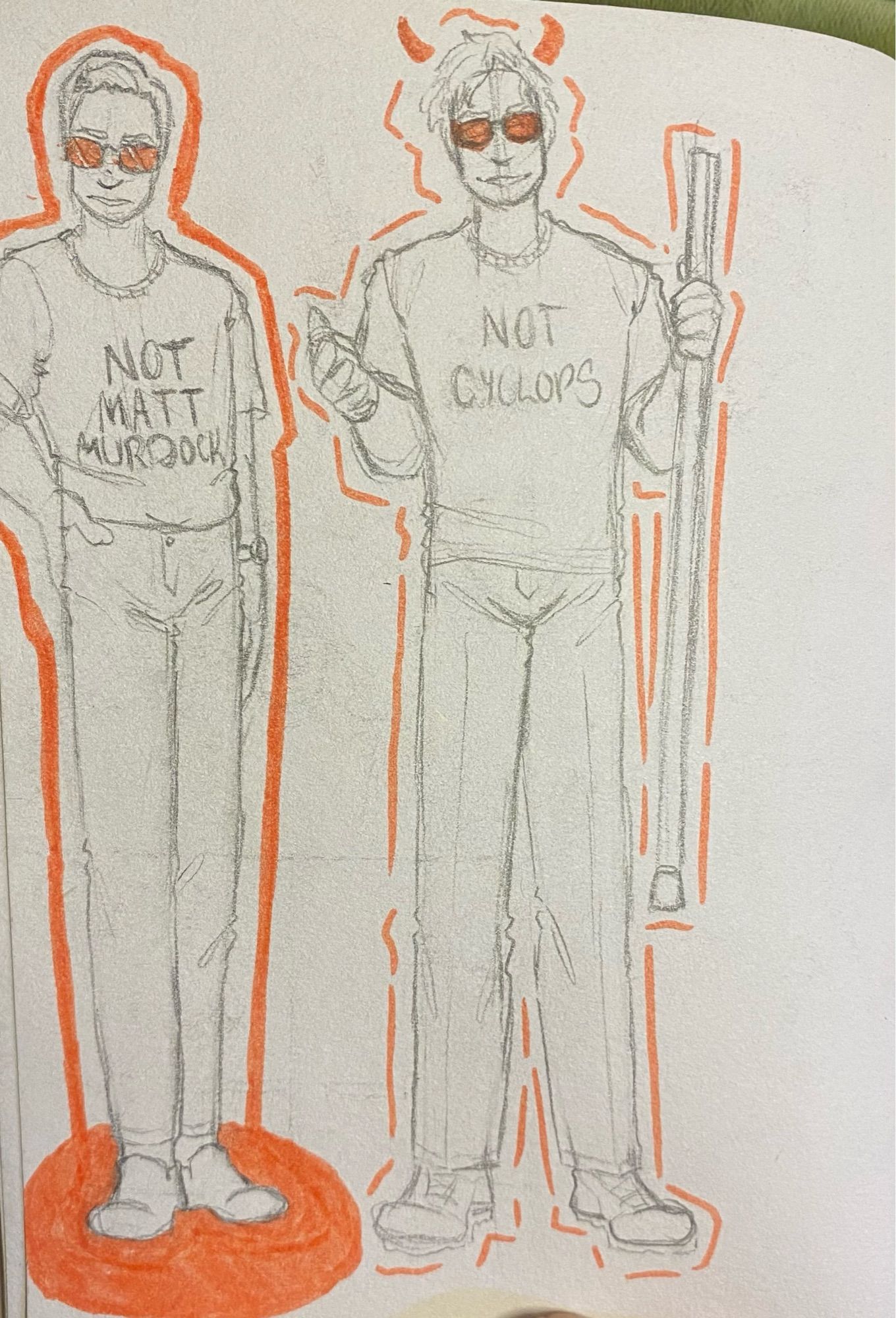 Pencil sketches of Scott Summers and Matt Murdock. Scott has a hand on his hip and is wearing red glasses and a t-shirt that says, “Not Matt Murdock”. Matt is holding his cane in one hand and is wearing red glasses and a t-shirt that says, “Not Cyclops”.