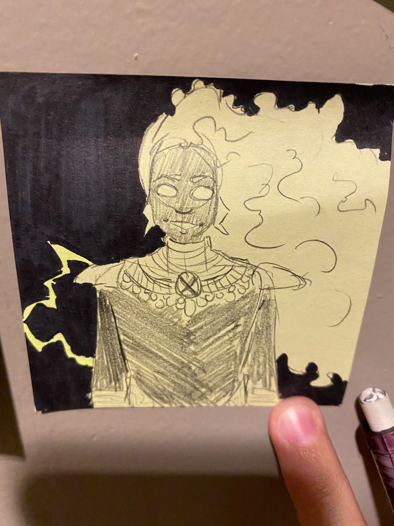 A pencil sketch from the waist up of Ororo Munroe in her first Hellfire Gala outfit. She is facing forward and smiling. The background behind her is colored black, with an arc of yellow lightning curving out from her right shoulder to her right elbow.