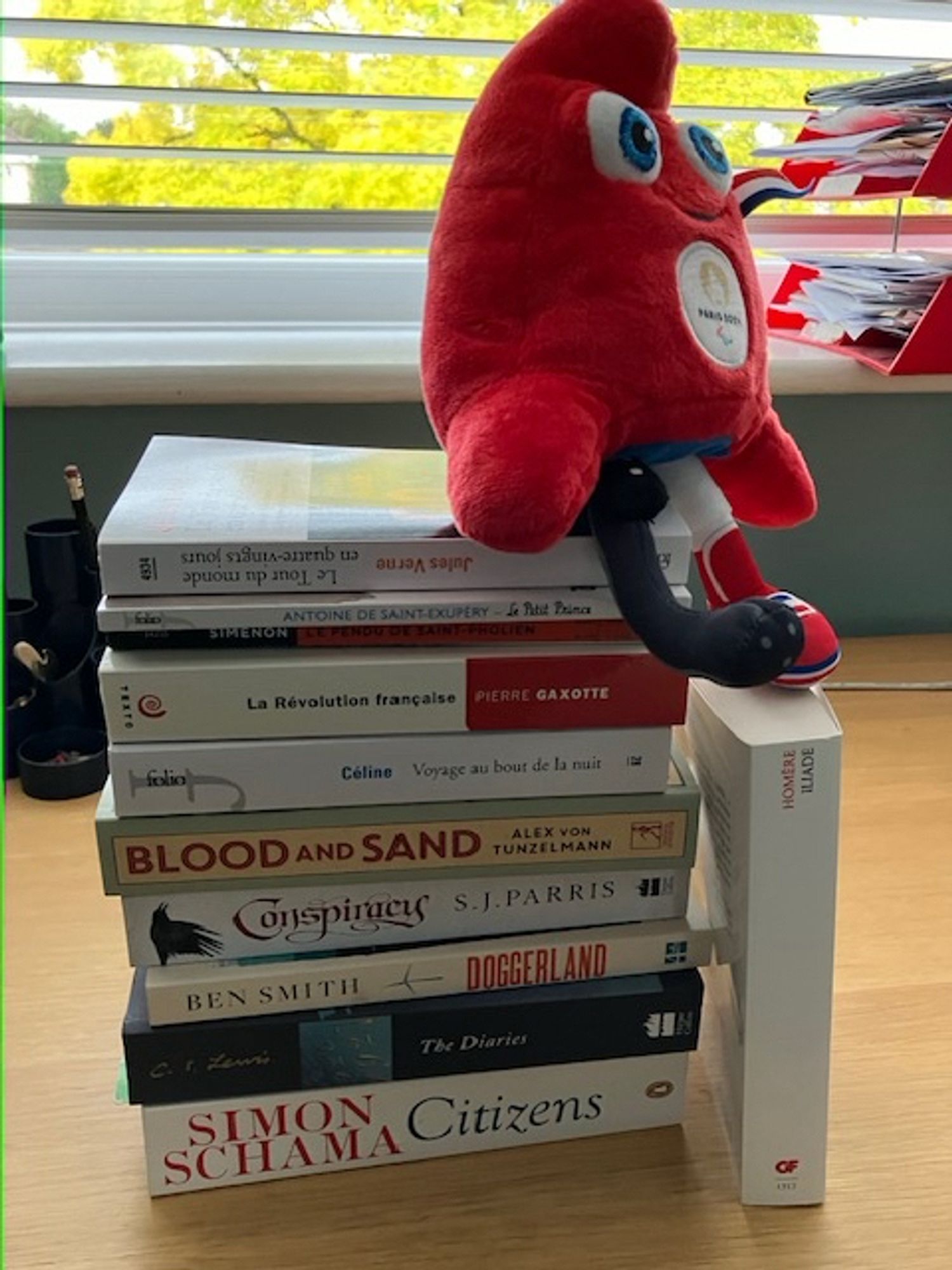 A pile of books *deep breath*; le Petit Prince, La Revolution Française, Citizens by Simon Schama, a Simenon, conspiracy by SJ Parris, Doggerland by Ben Smith, CS Lewis Diaries & Blood and Sand By Alex Bon Tunzelman. Topped by a plushie Phryge, the Paris Olympic Mascot. God, predictive text is irritating.