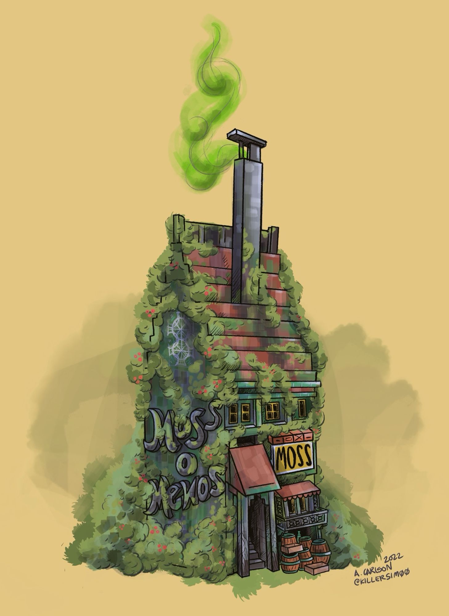 An illustration of a tall stone building with a terracotta roof, completely covered in moss. The side of the building has overgrown text that reads Moss O Menos