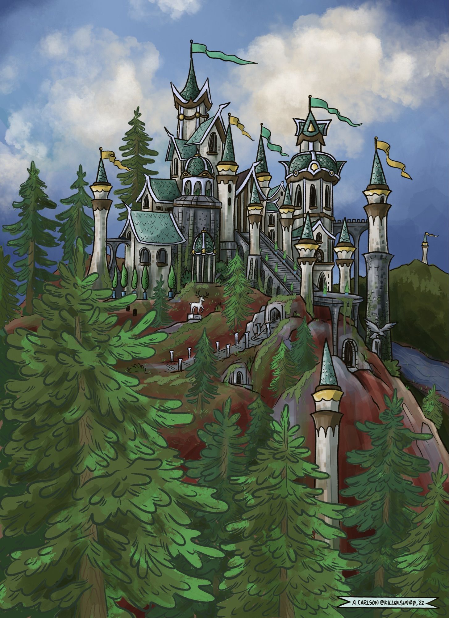 An elven castle nested into a pine covered mountainside. The castle is predominantly white stone with yellow and teal roofs