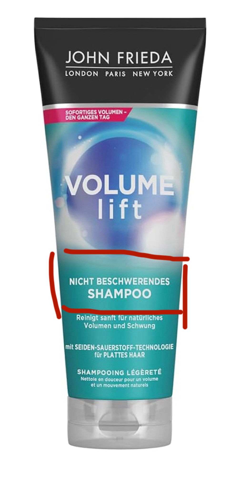 Ein Foto einer Shampootube. Laut Beschreibung ist das ein “nicht beschwerendes Shampoo”