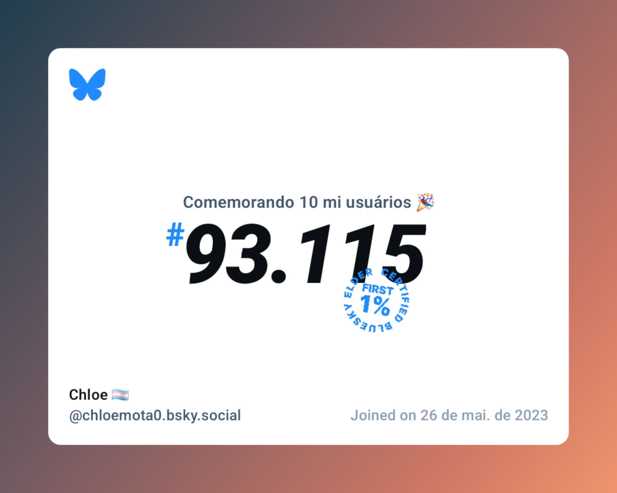 Um certificado virtual com o texto "Comemorando 10 milhões de usuários no Bluesky, #93.115, Chloe 🏳️‍⚧️ ‪@chloemota0.bsky.social‬, ingressou em 26 de mai. de 2023"